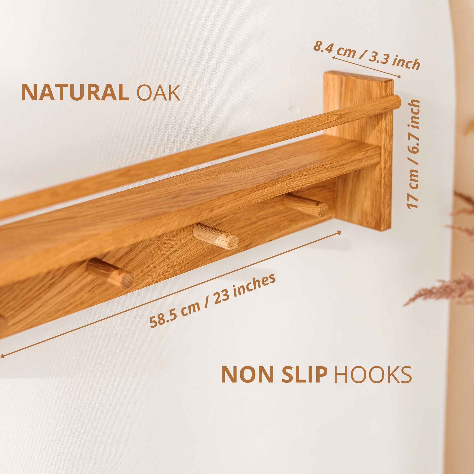 Floating Kids Bookshelf with Coat Hooks in Solid Oak