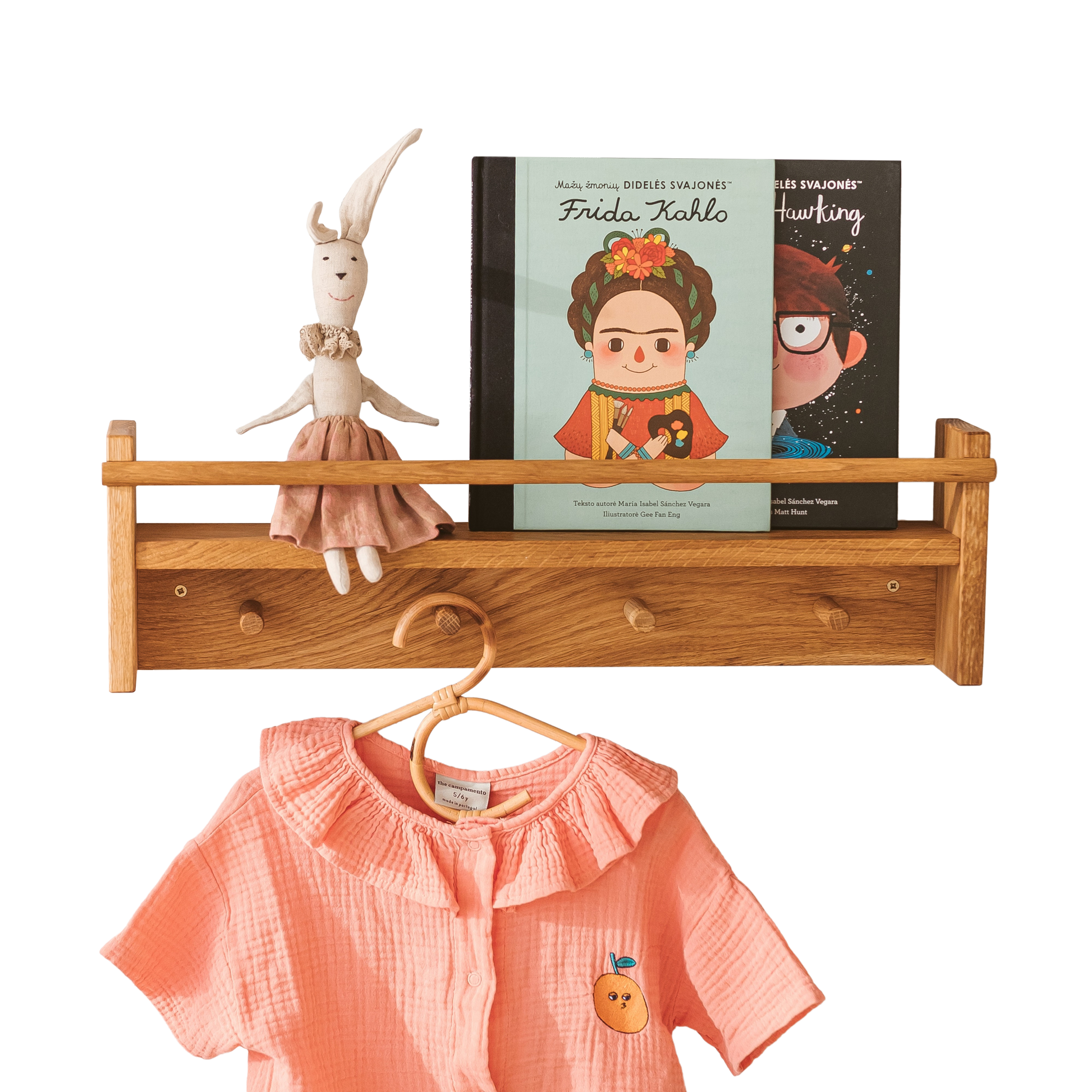 Floating Kids Bookshelf with Coat Hooks in Solid Oak