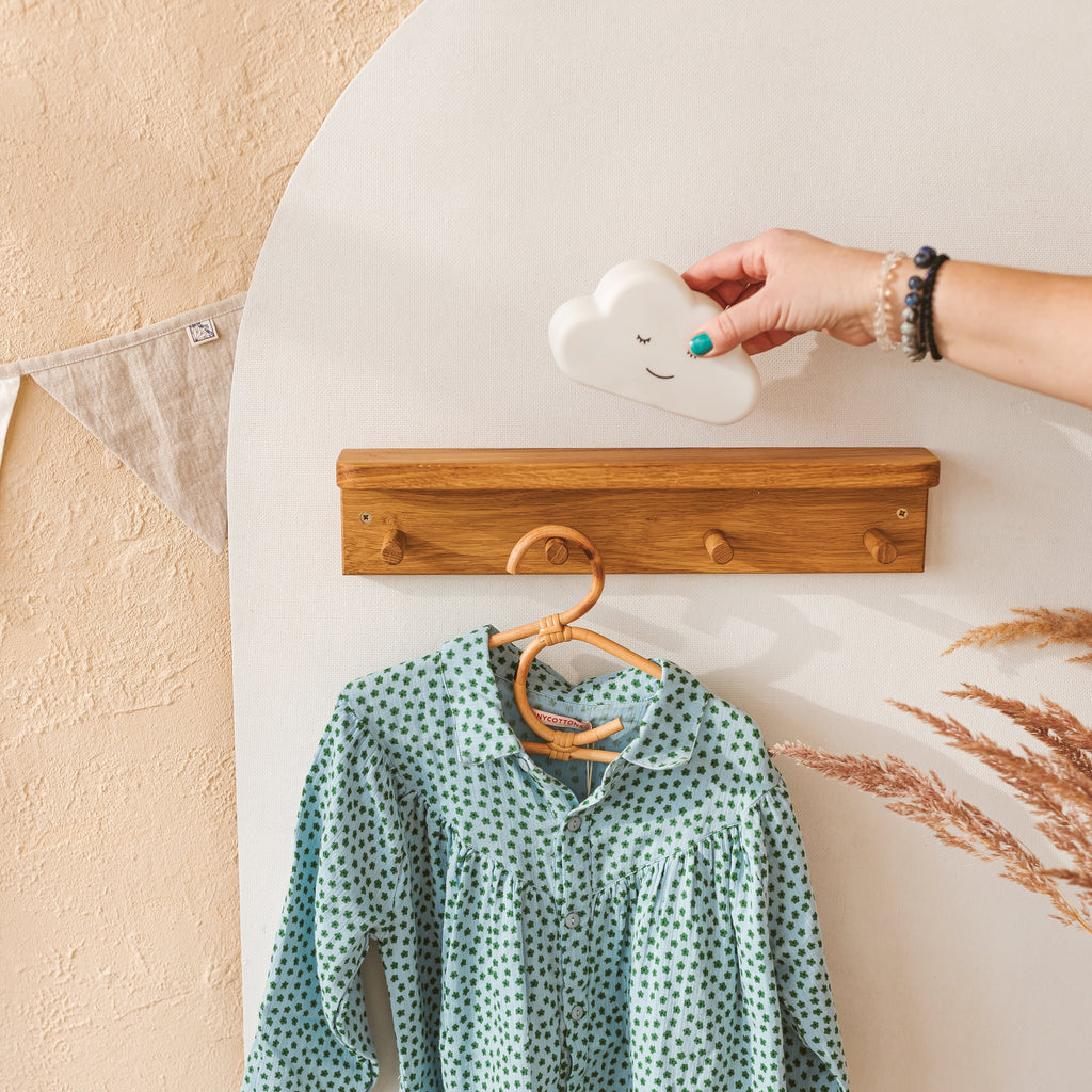 Floating Kids Bookshelf with Coat Hooks in Solid Oak