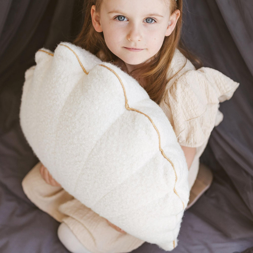 Ecru Boucle Seashell Cushion with Golden Trim