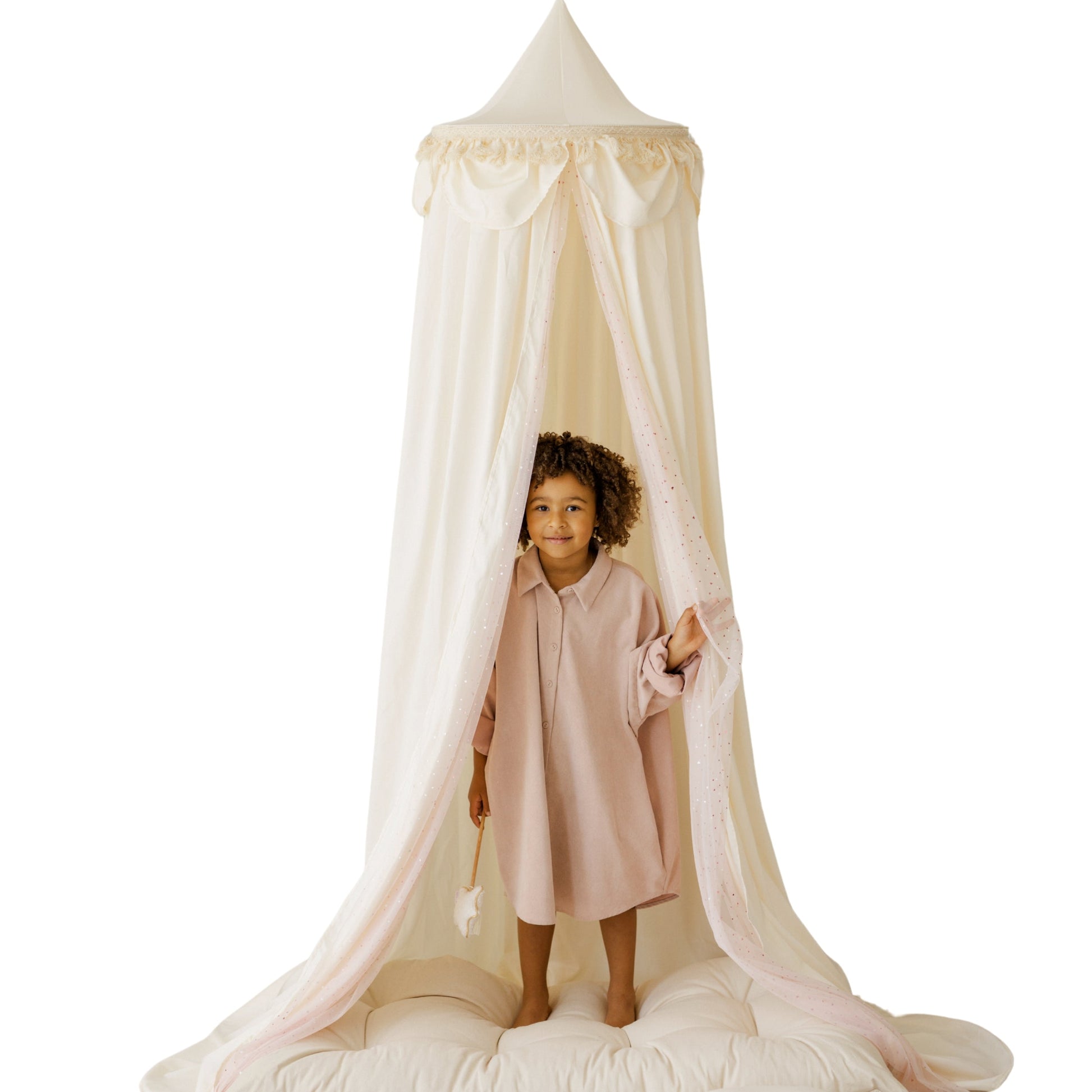 Kids Bed Canopy with Tulle and Tassels in Cream