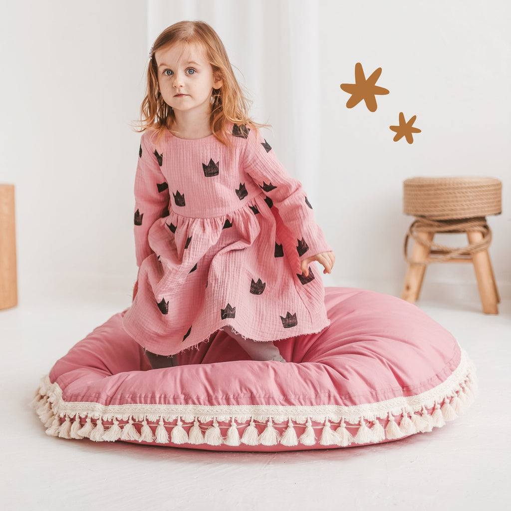 Large Floor Cushion with Tassels in Rose