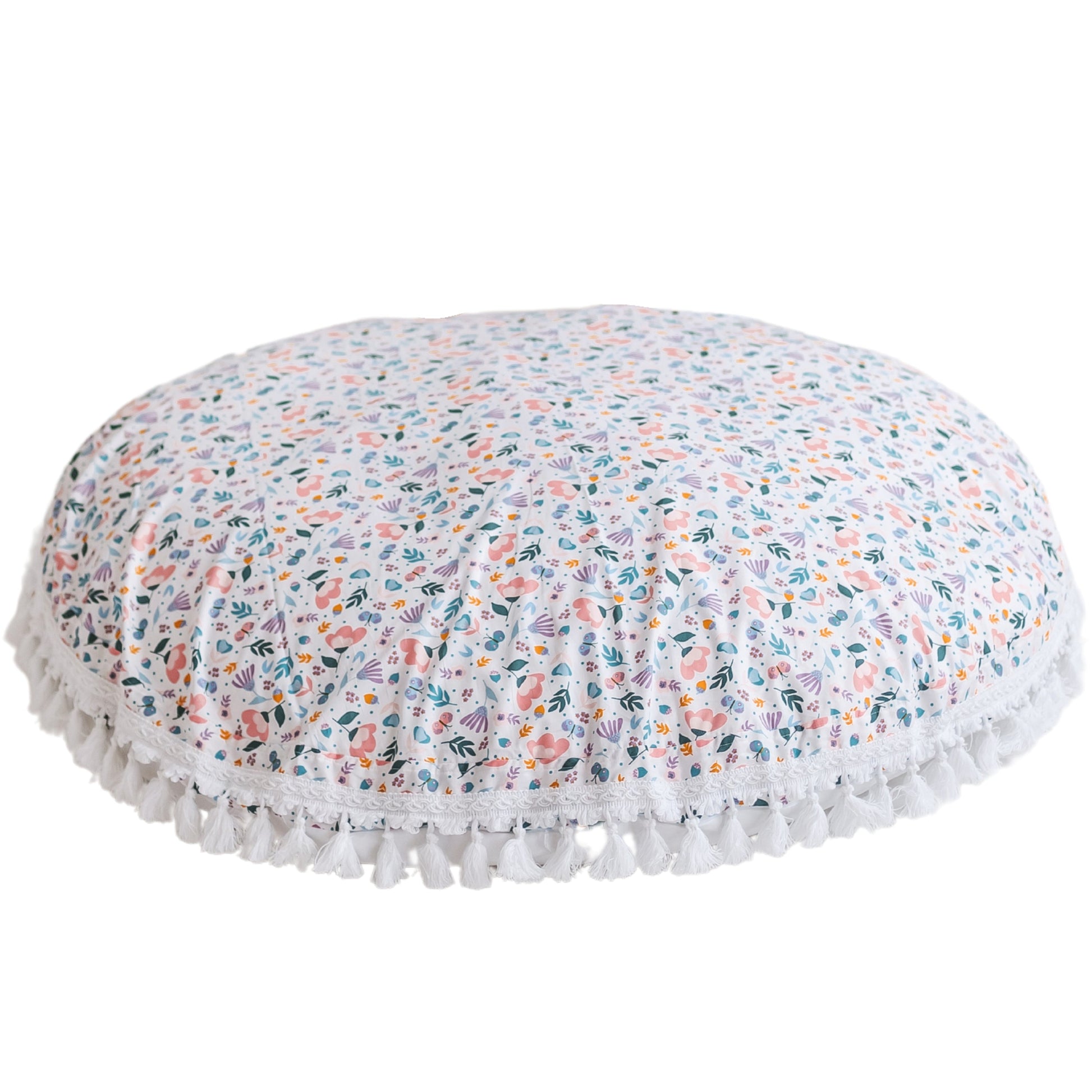 Large Floor Cushion in White and Floral Pattern