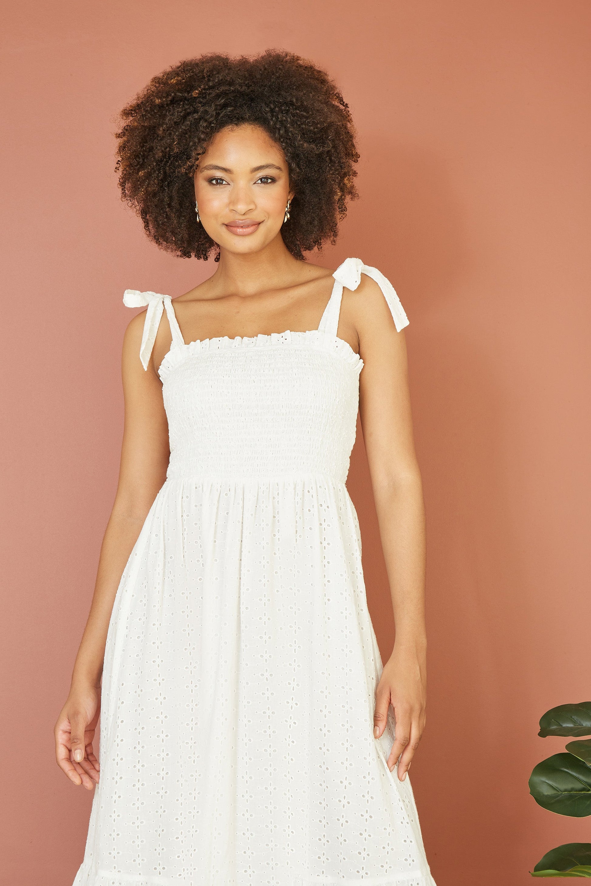 Mela White Broderie Anglaise Ruched Midi Sundress With Tie Sleeves