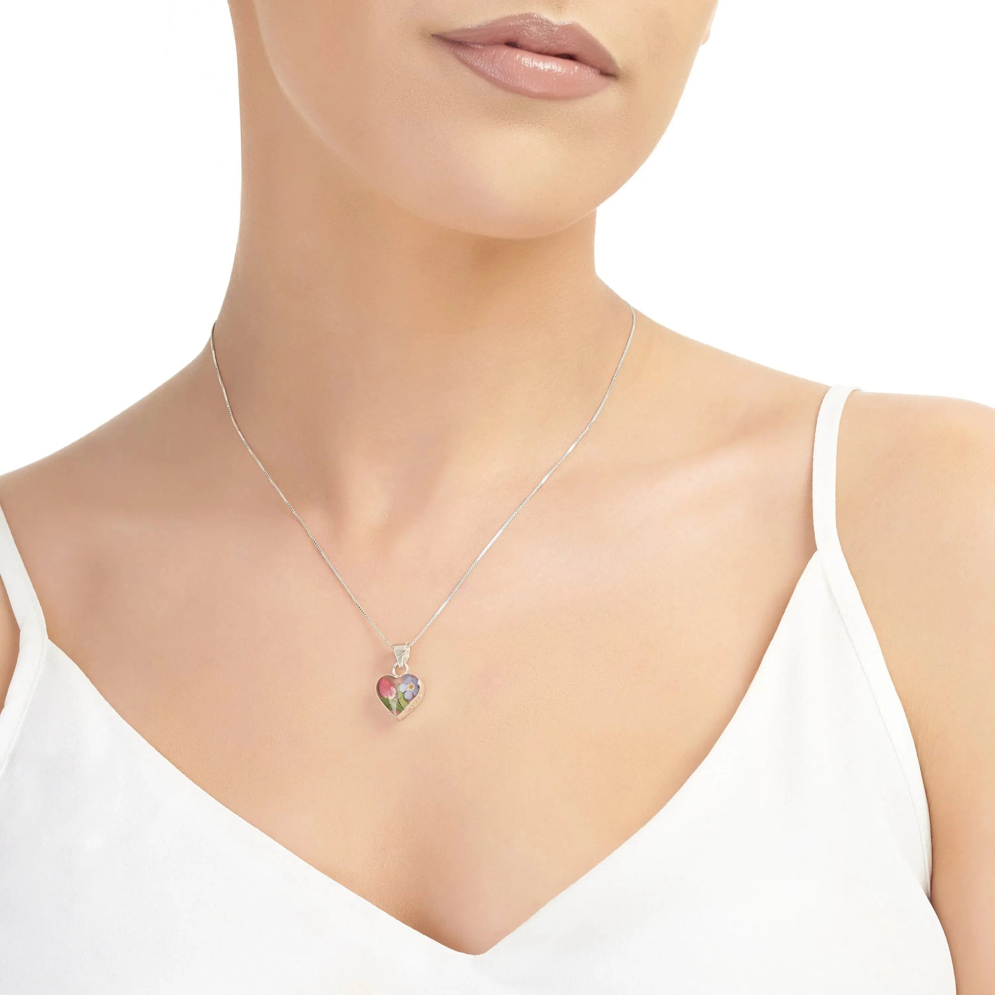 Sterling Silver Heart Pendant with Real Forget-me-not and Miniature Rose