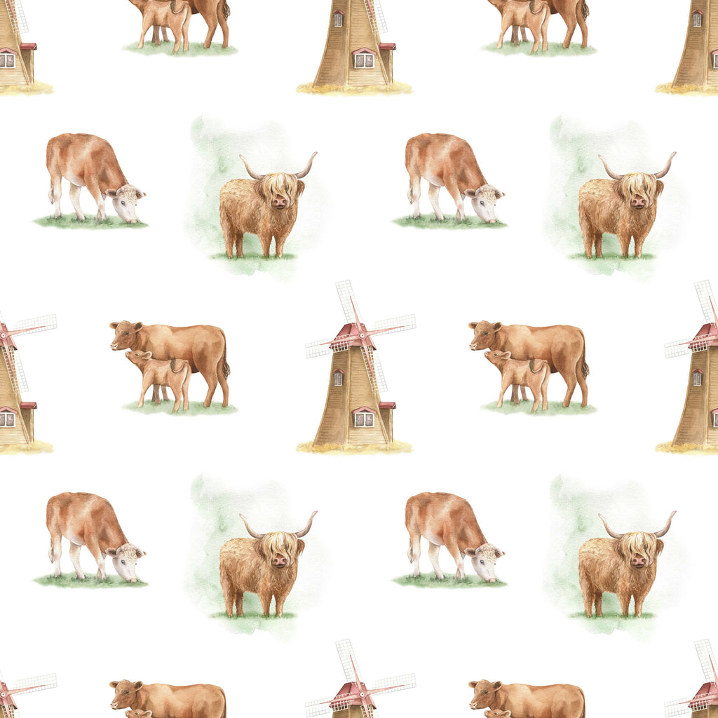 Brown Highland Cow Wallpaper with Vintage Windmills