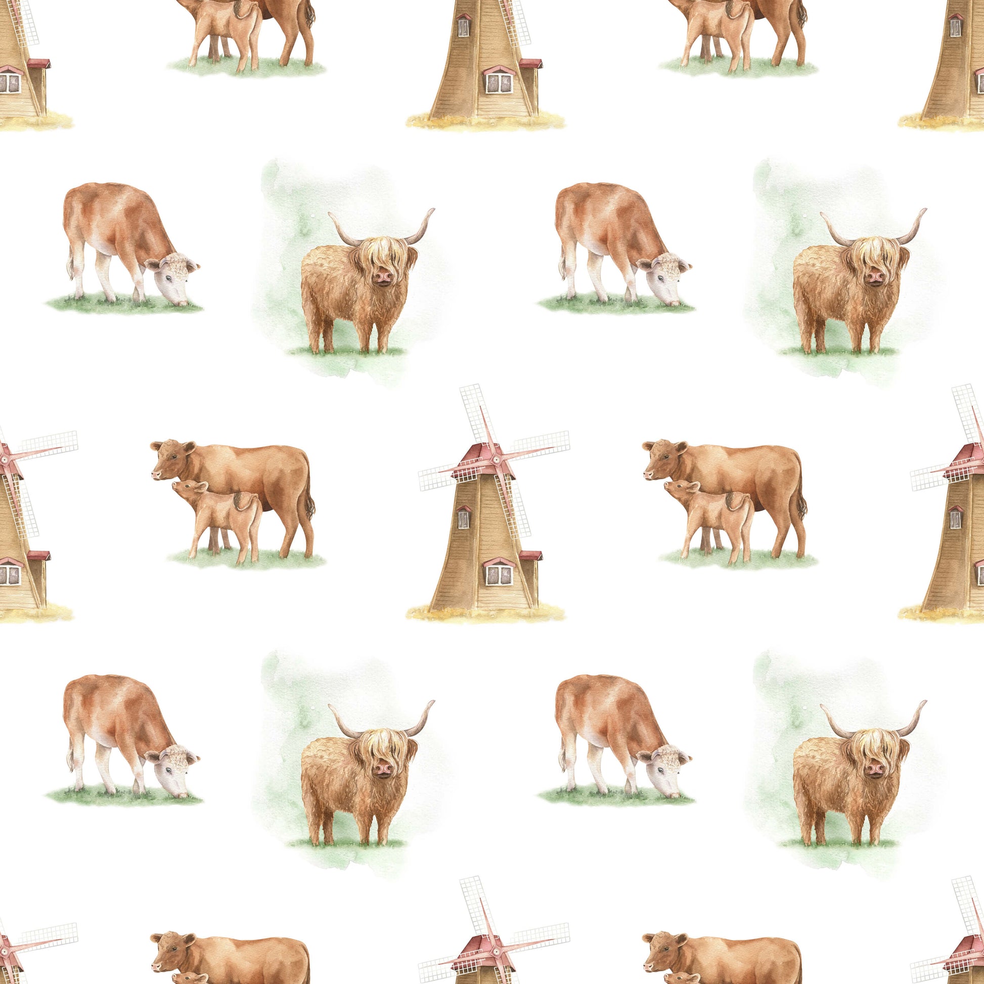 Brown Highland Cow Wallpaper with Vintage Windmills