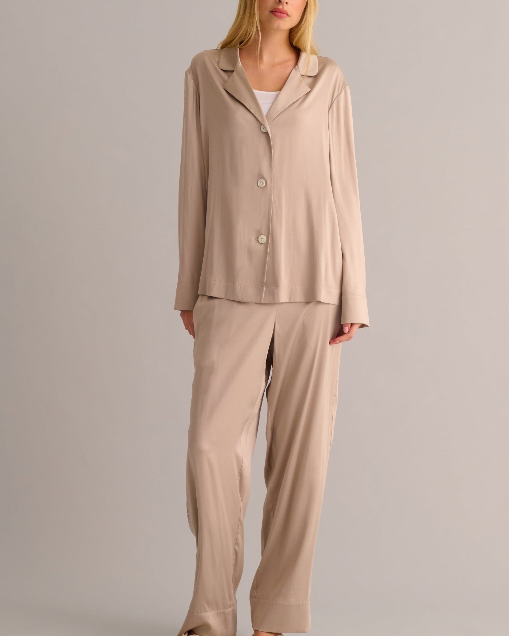 Blush Beige Striped Silk Pyjama Set