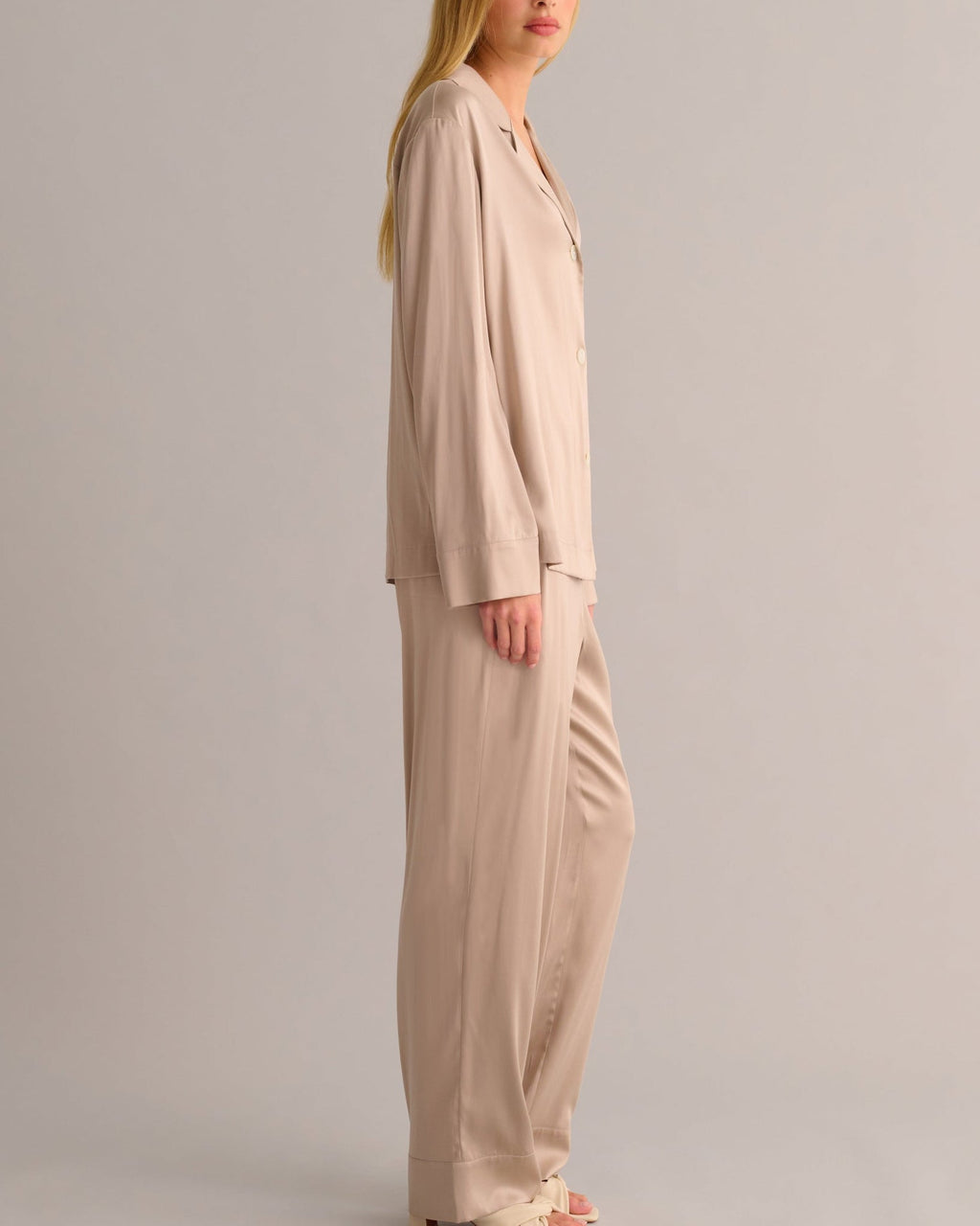 Blush Beige Striped Silk Pyjama Set