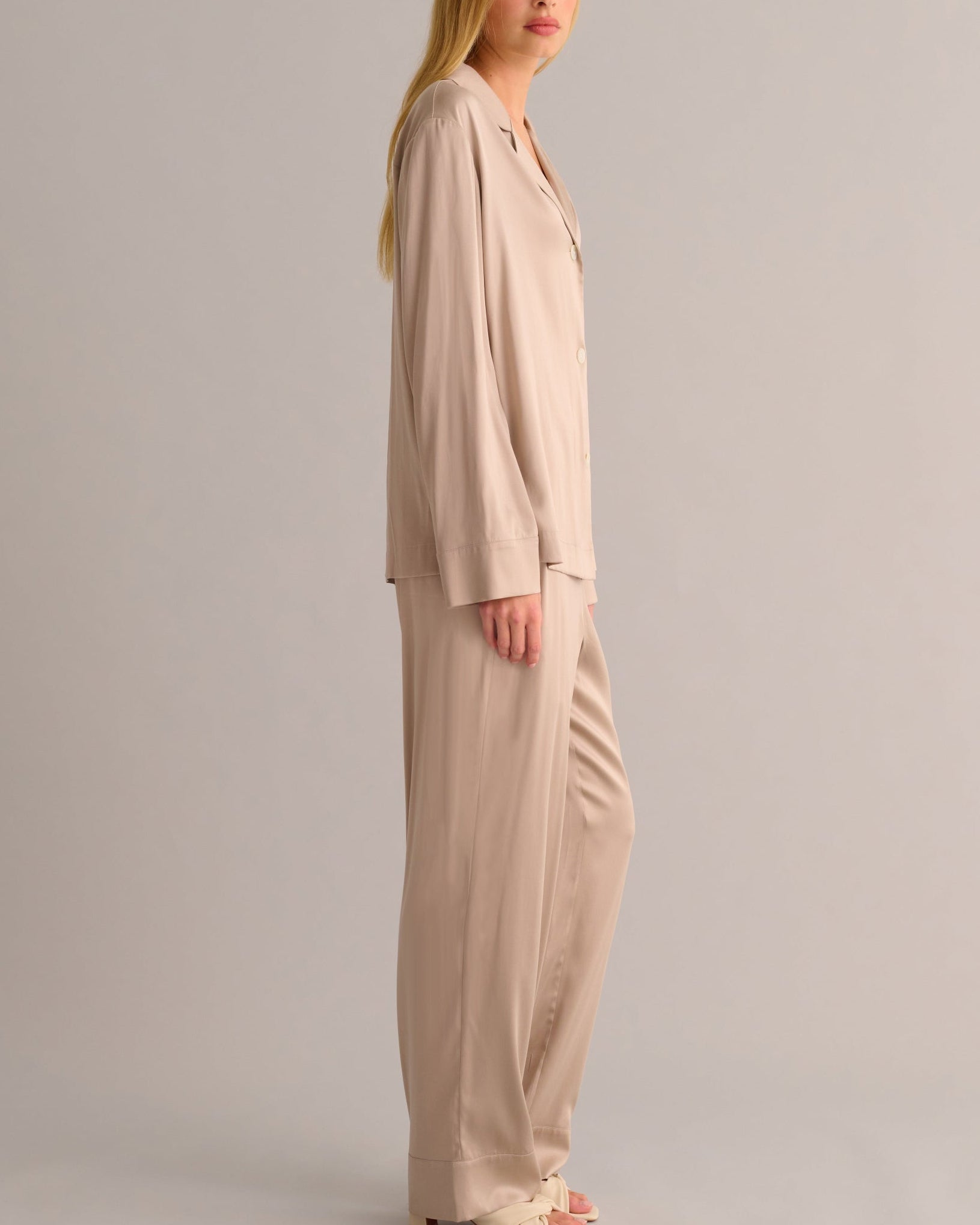 Blush Beige Striped Silk Pyjama Set