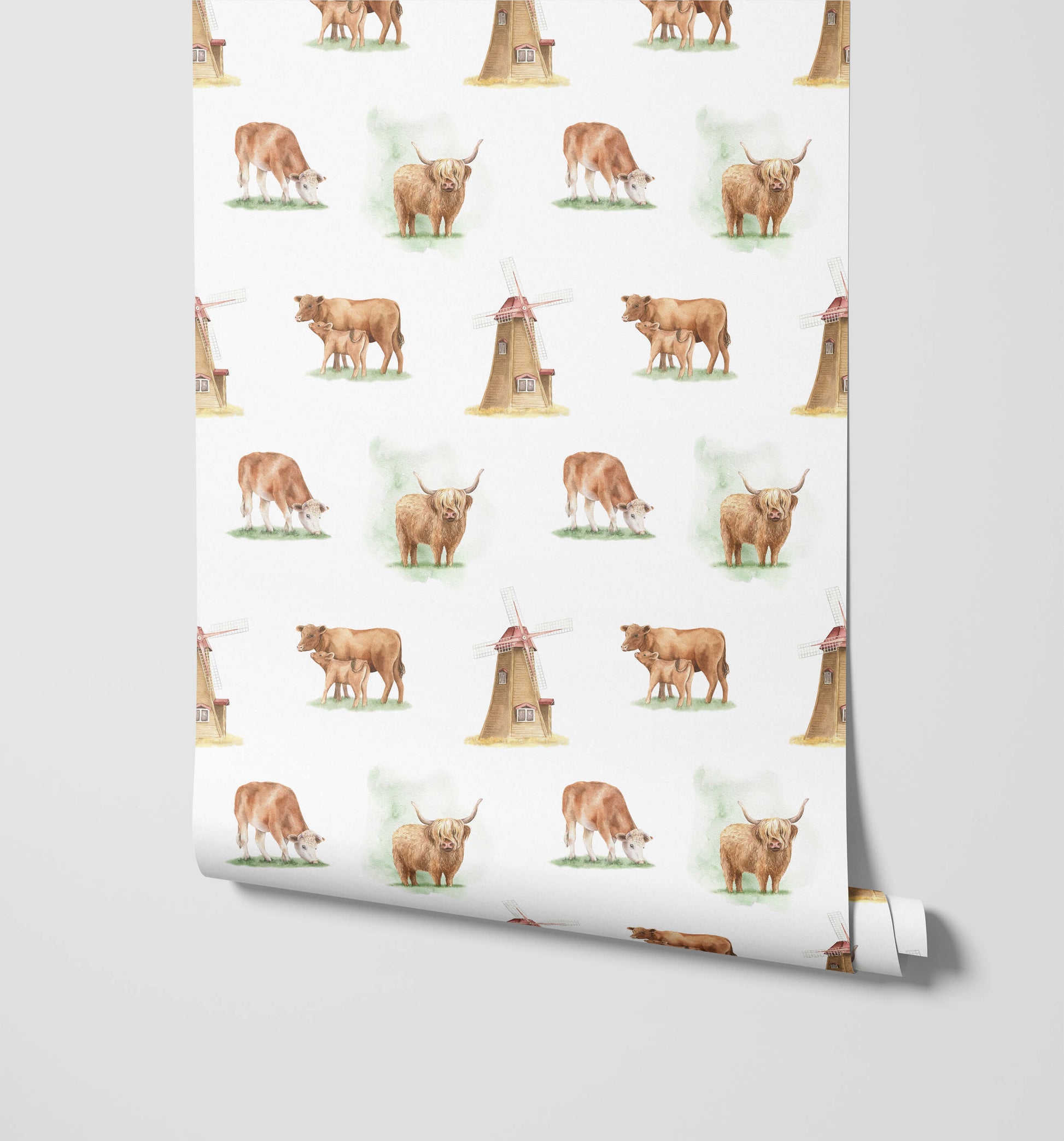 Brown Highland Cow Wallpaper with Vintage Windmills