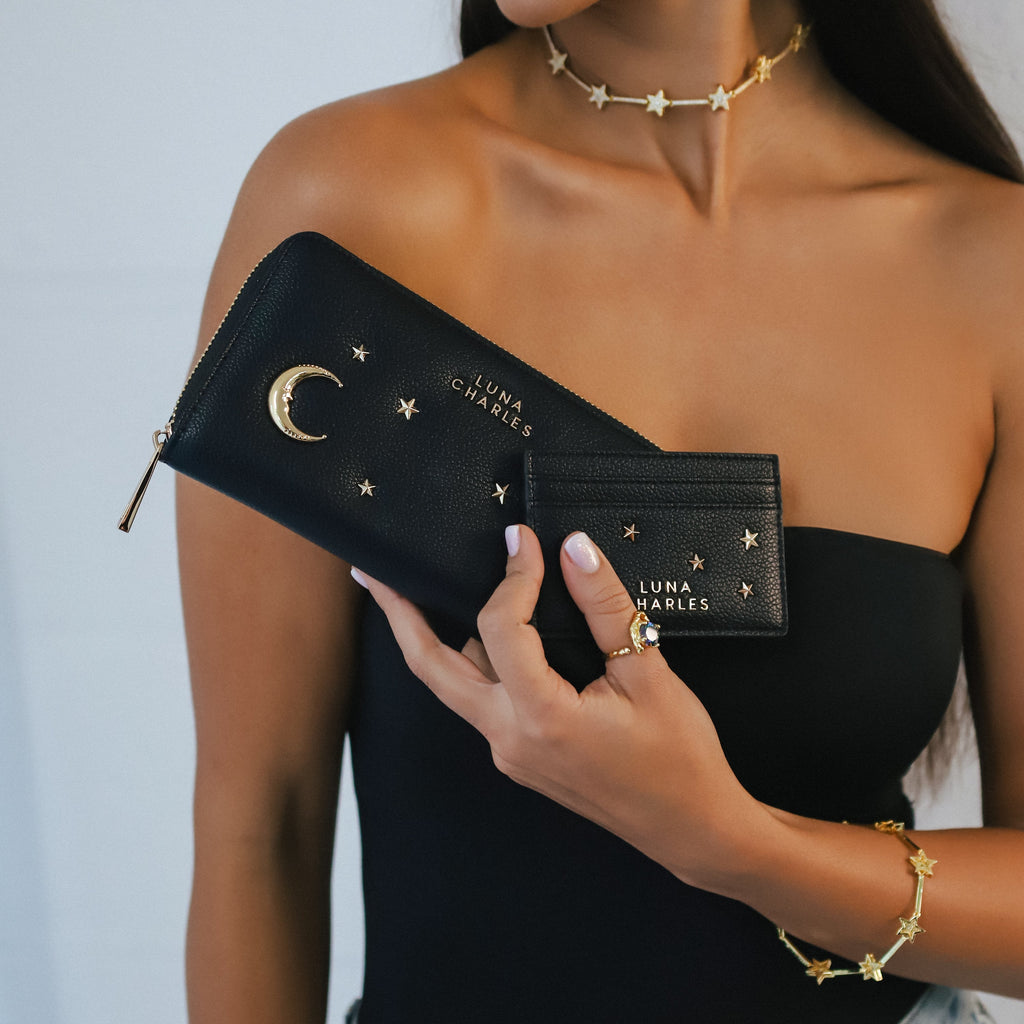 Star Studded Card Holder in Black and Gold