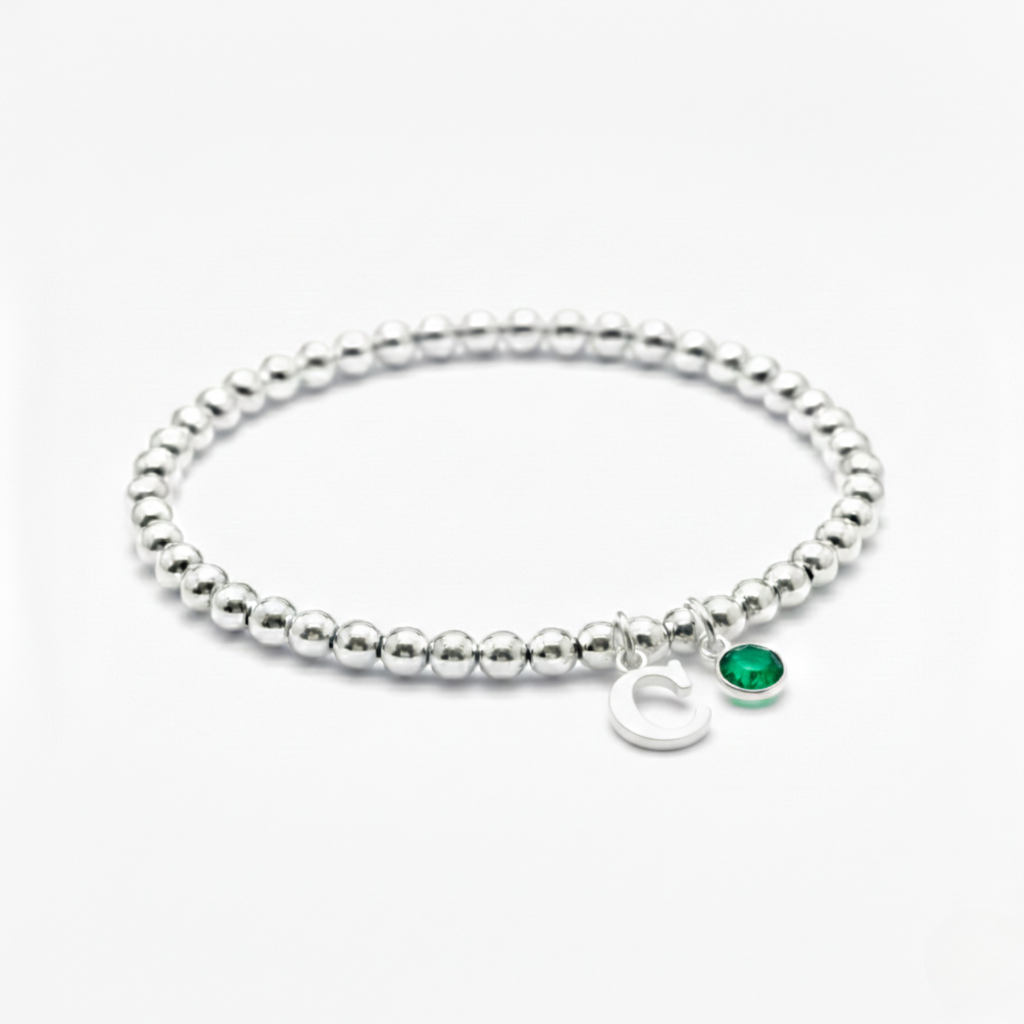 Personalised May Birthday Initial Letter and Birthstone Bracelet
