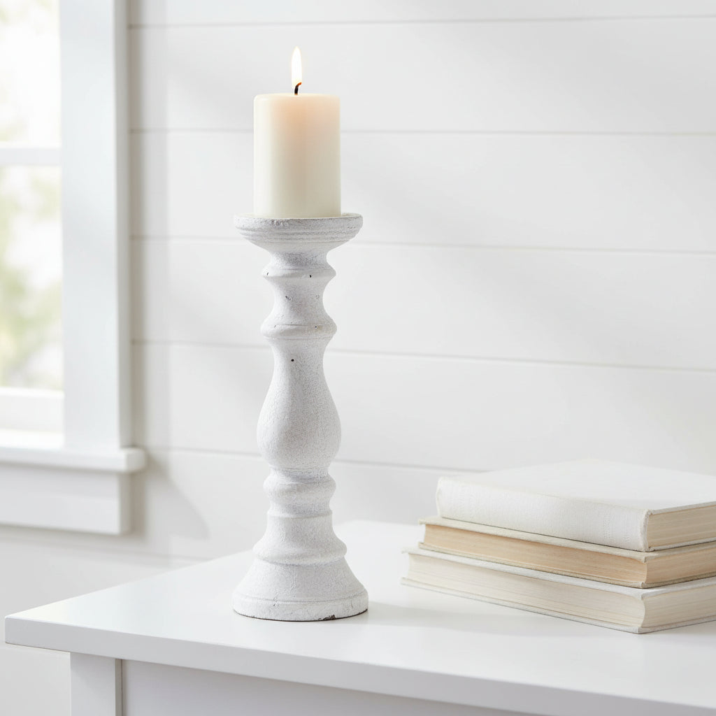 Handcrafted cream stone candle holder with organic texture, perfect for modern or traditional home decor. by sostter at brixbailey.com