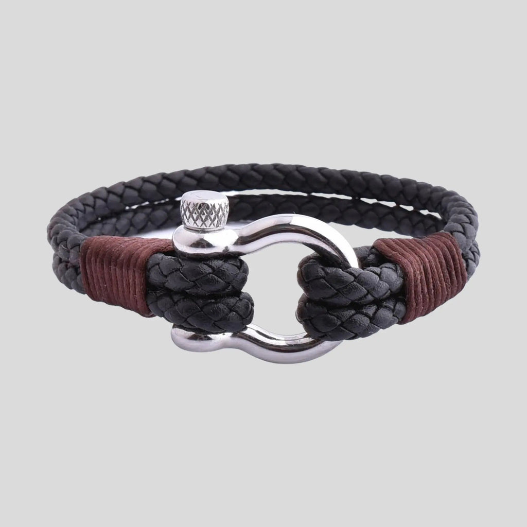 Men's Black Braided Leather Bracelet with Stainless Steel Shackle