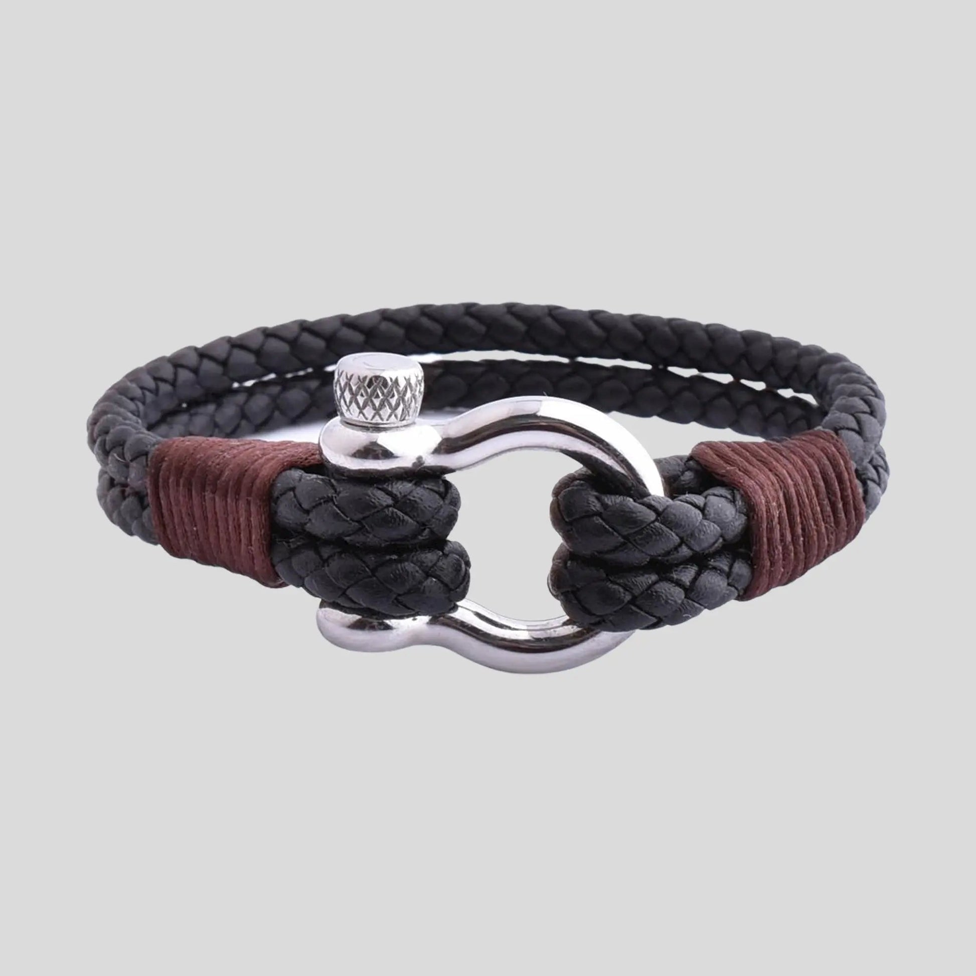Men's Black Braided Leather Bracelet with Stainless Steel Shackle