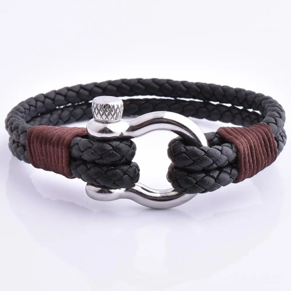 Men's Black Braided Leather Bracelet with Stainless Steel Shackle