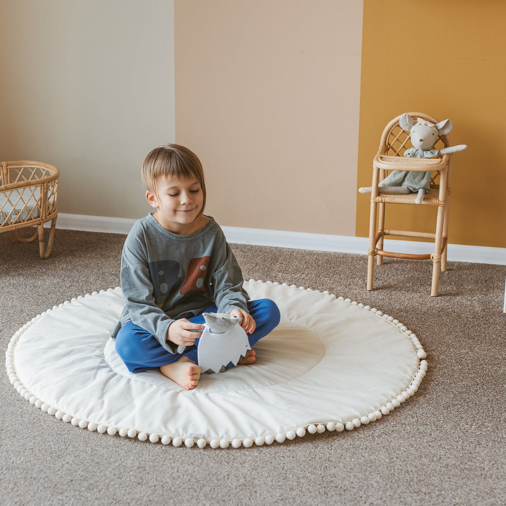 Kids Playmat with Pompom Border in Ecru