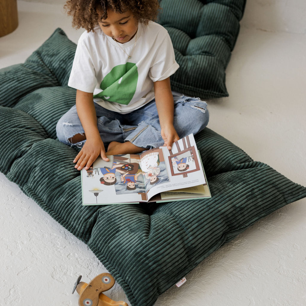 Tufted Corduroy Floor Cushion in Petrol Green