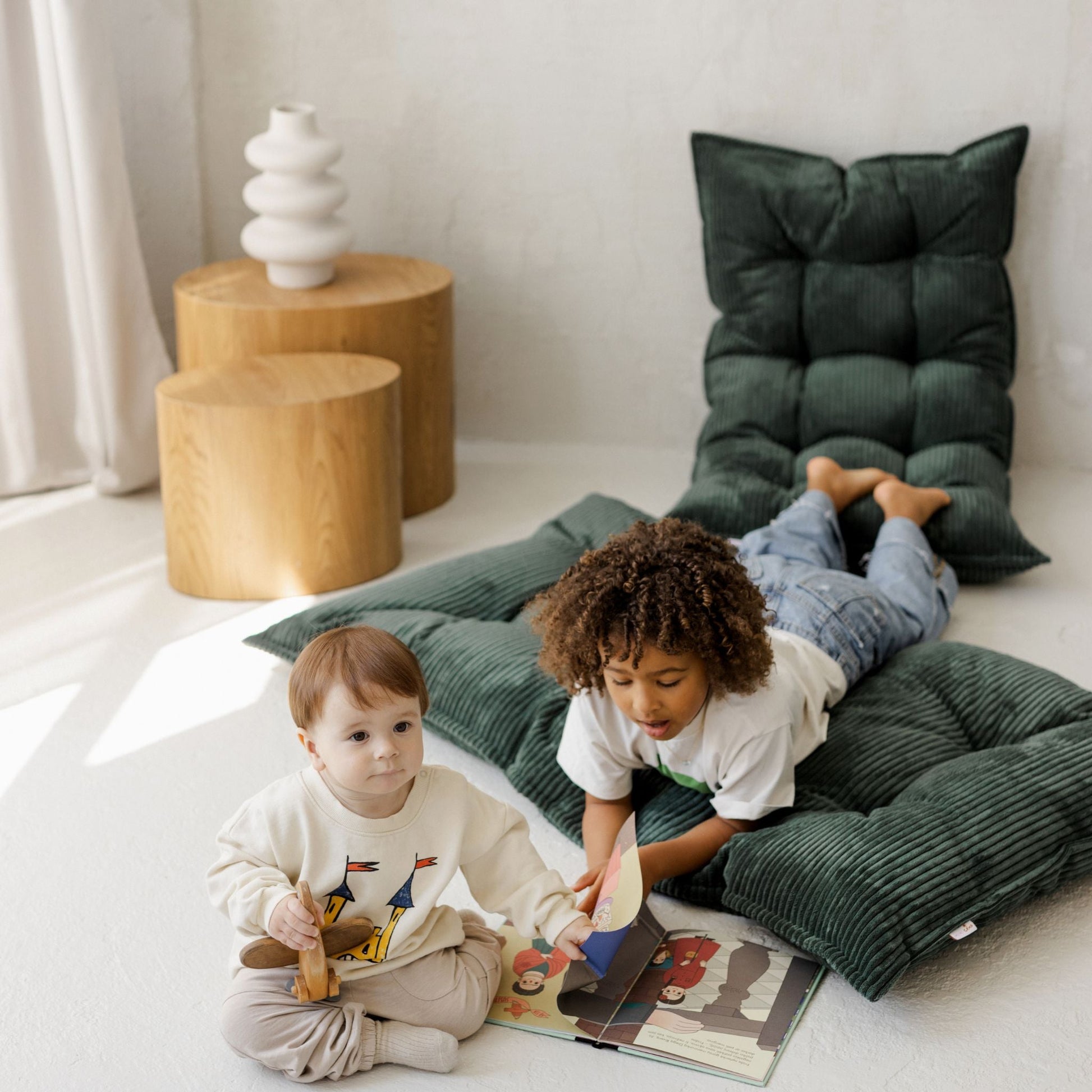 Tufted Corduroy Floor Cushion in Petrol Green