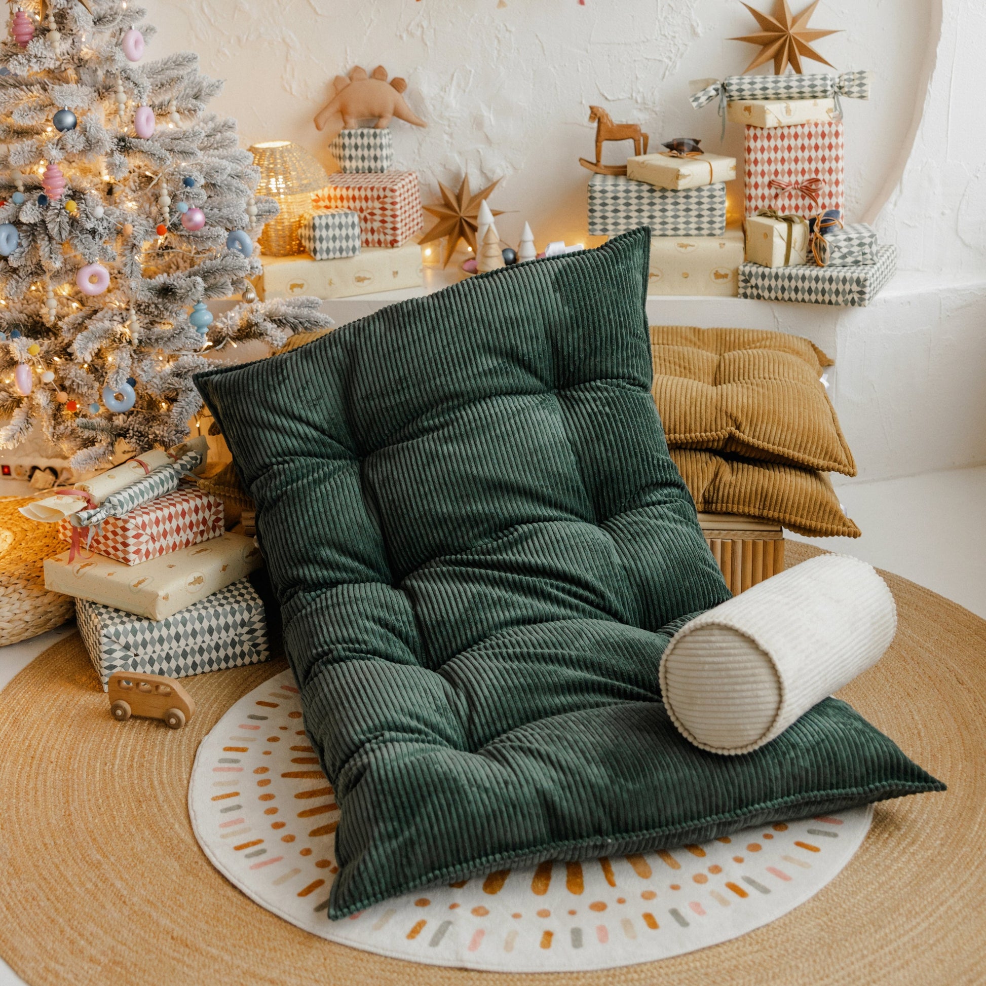 Tufted Corduroy Floor Cushion in Petrol Green