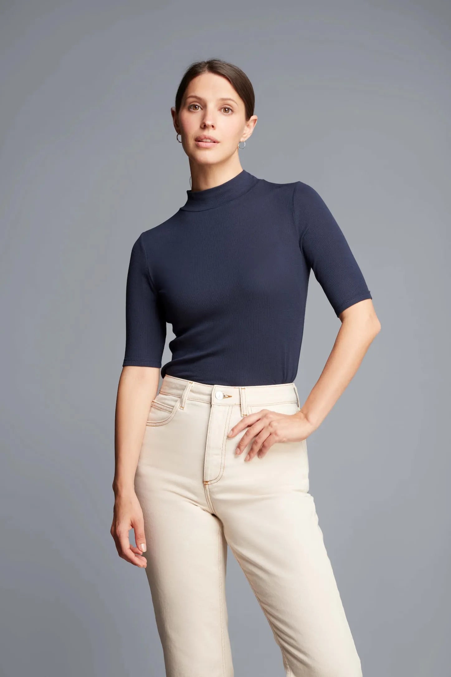 Mock Neck Micro Modal Top with Ribbed Half Sleeve
