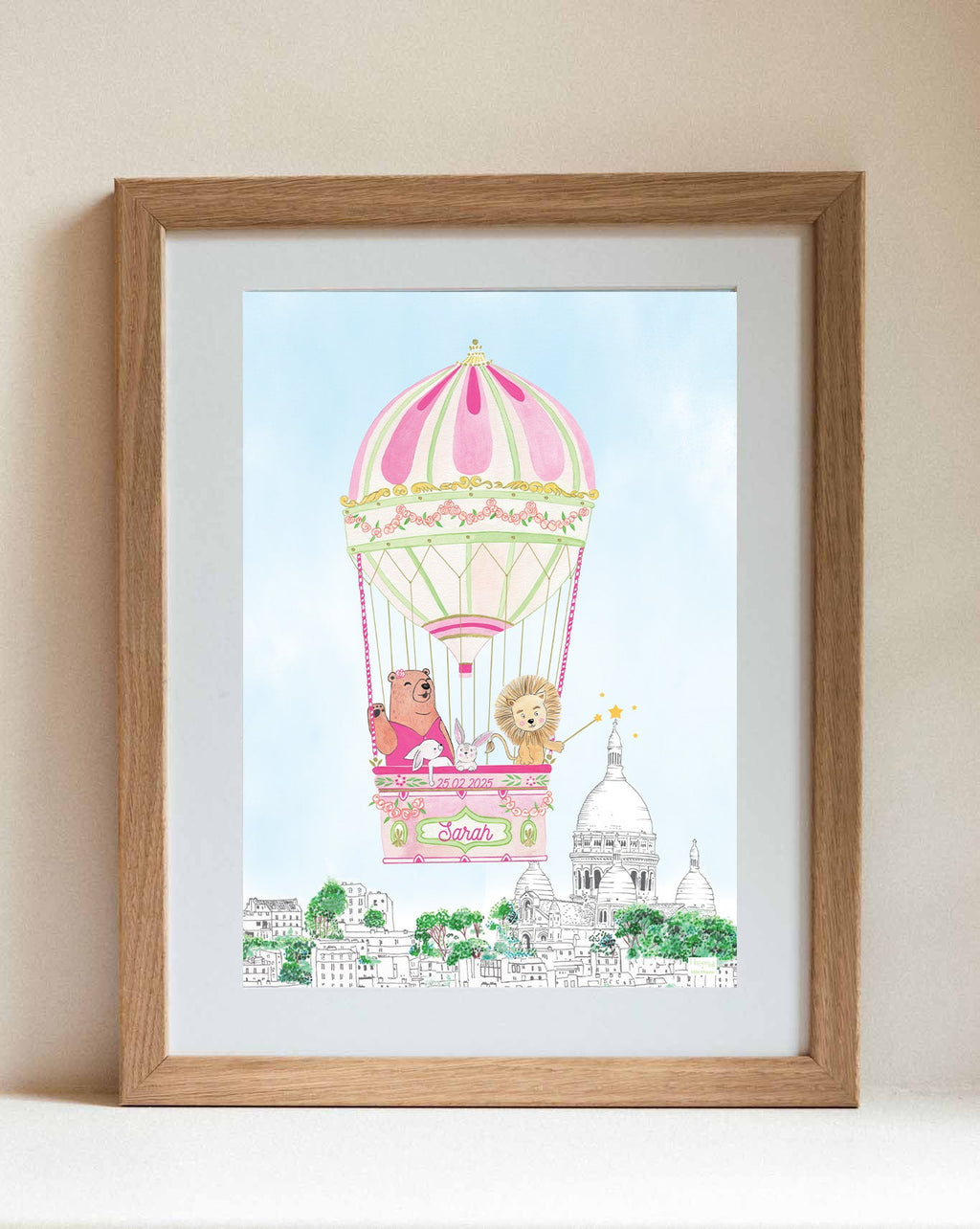 Personalised Hot Air Balloon of Montmartre Wall Print for Girls