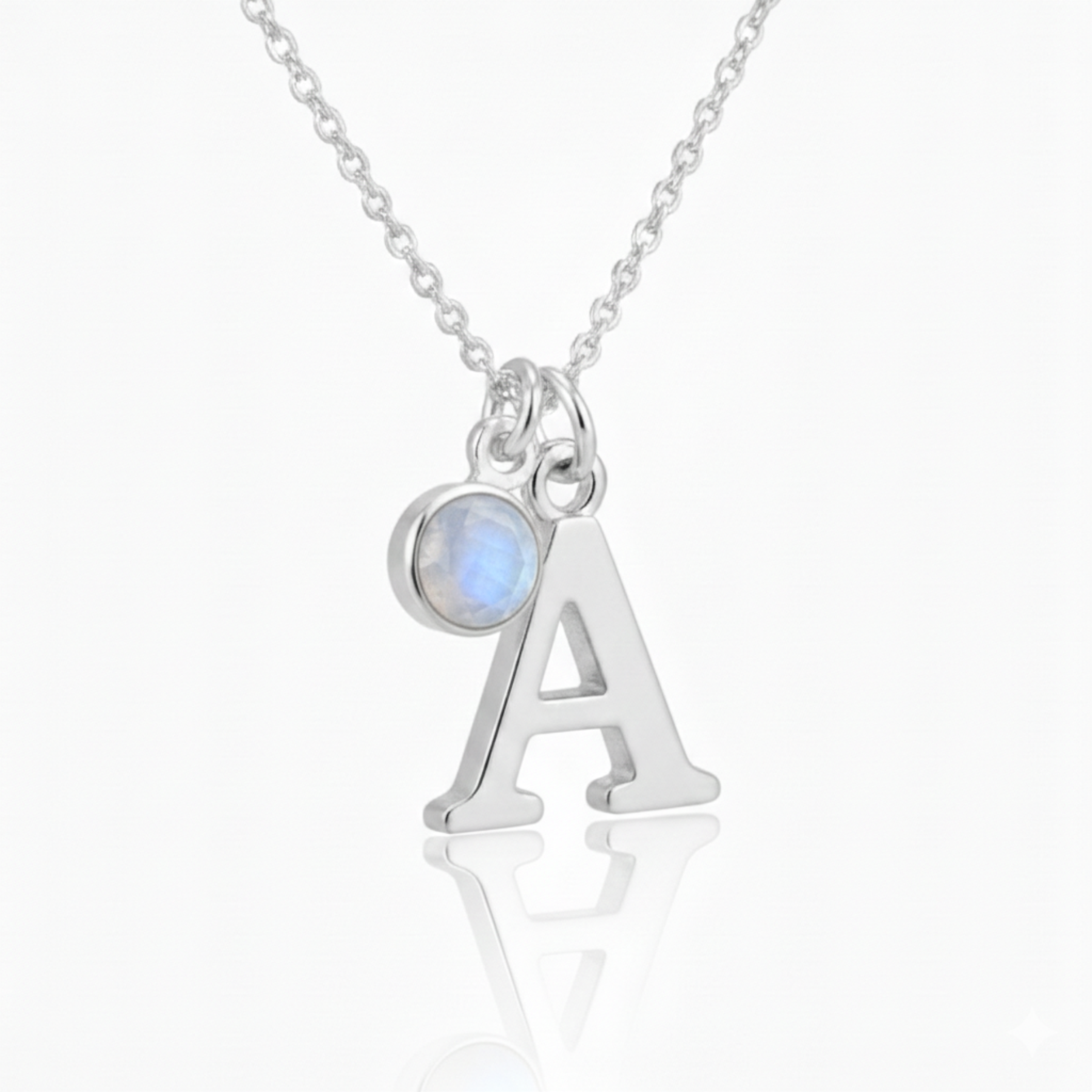 June Birthstone Necklace with Initial Charm Moonstone
