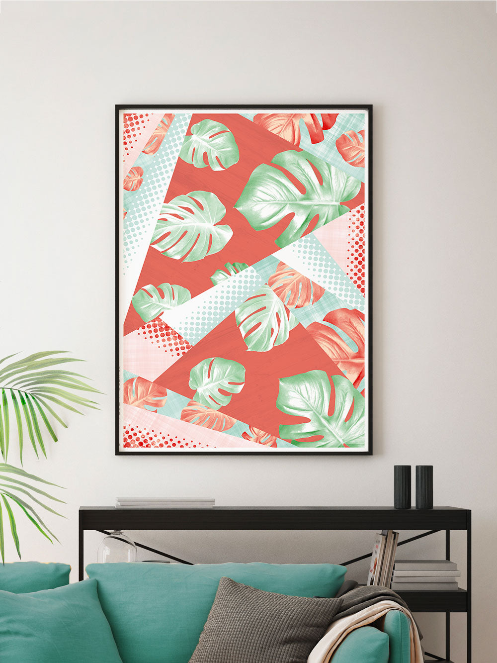 Monstera Coral Botanical Pattern Print