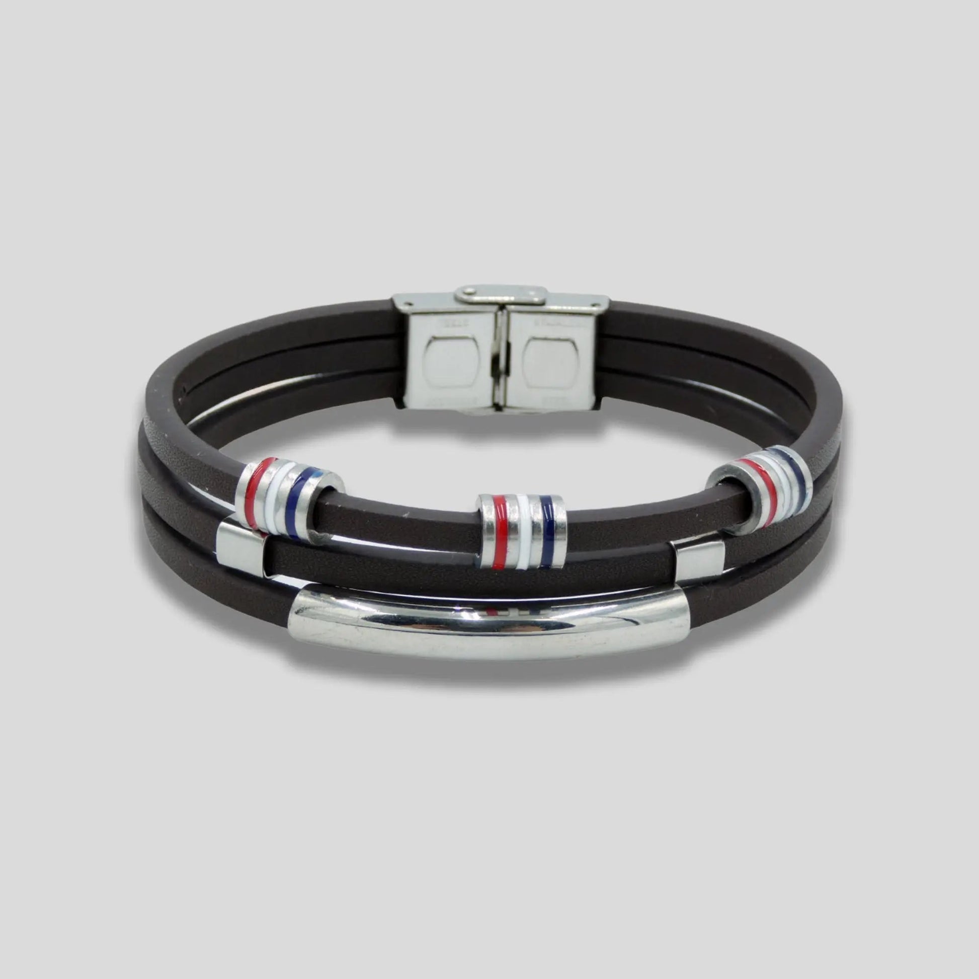Layered Brown Leather Bracelet with Stainless Steel