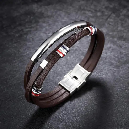 Layered Brown Leather Bracelet with Stainless Steel