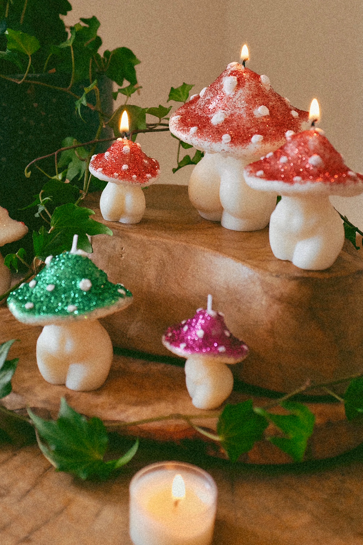 Glittery Mushroom Candles Trio