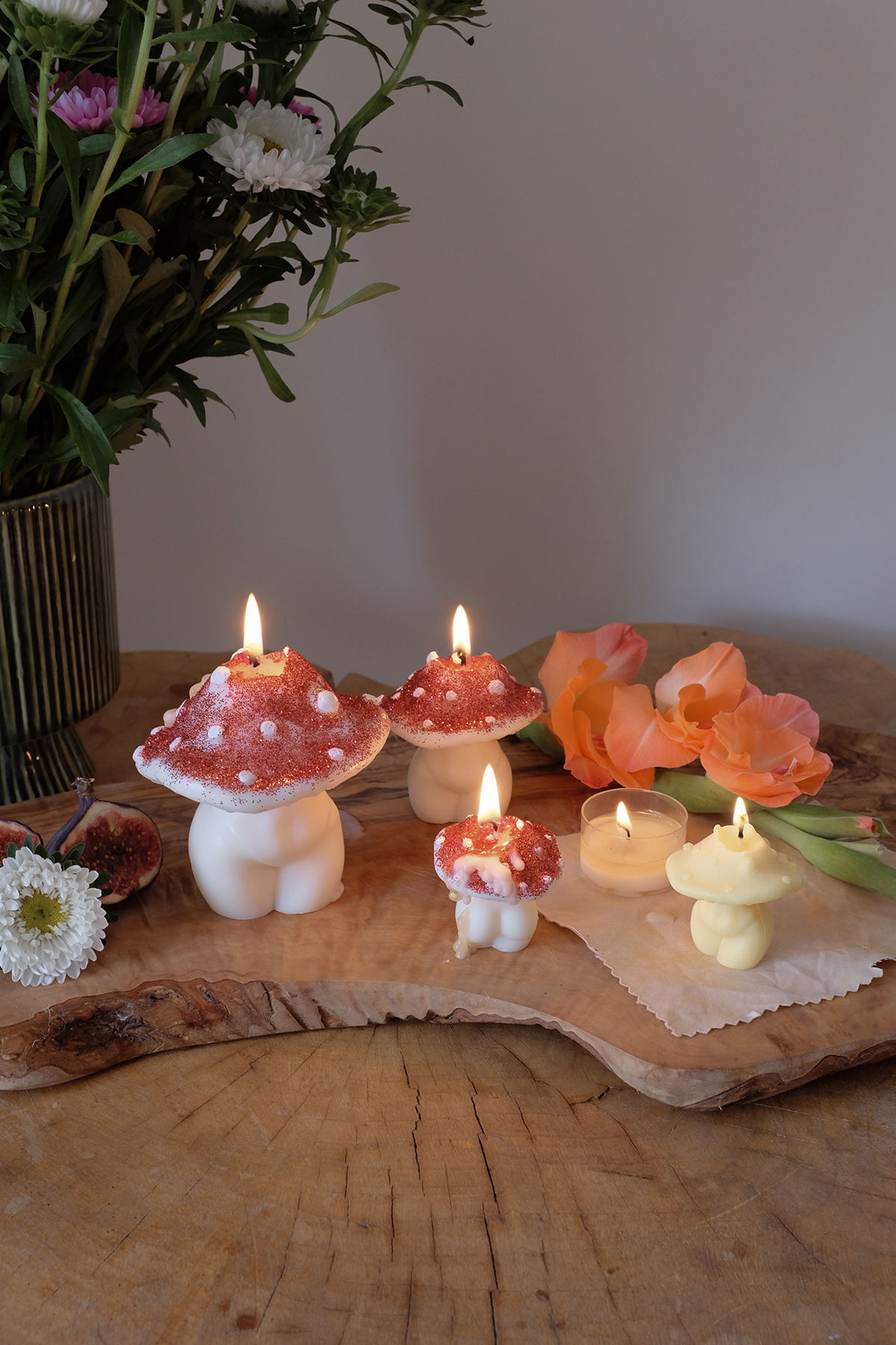 Glittery Mushroom Candles Trio