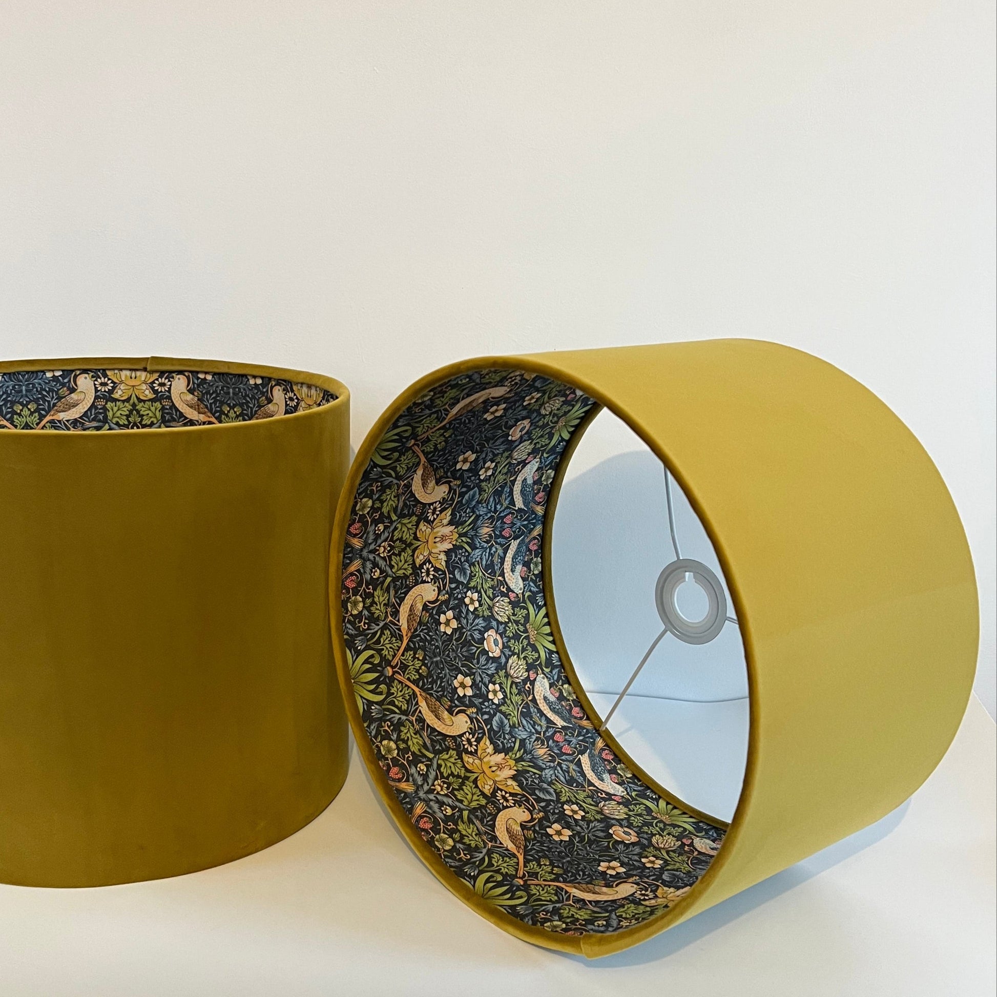 Mustard velvet drum lampshade, double sided lampshade, with strawberry thief navy cotton interior