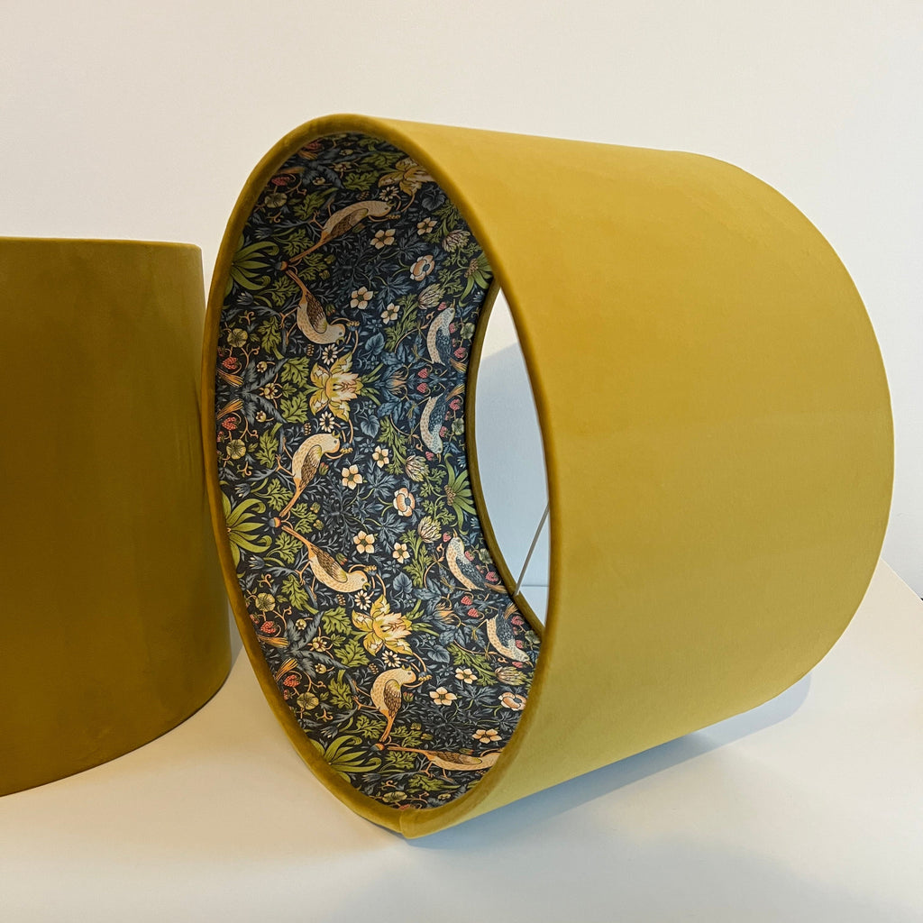 Mustard velvet drum lampshade, double sided lampshade, with strawberry thief navy cotton interior