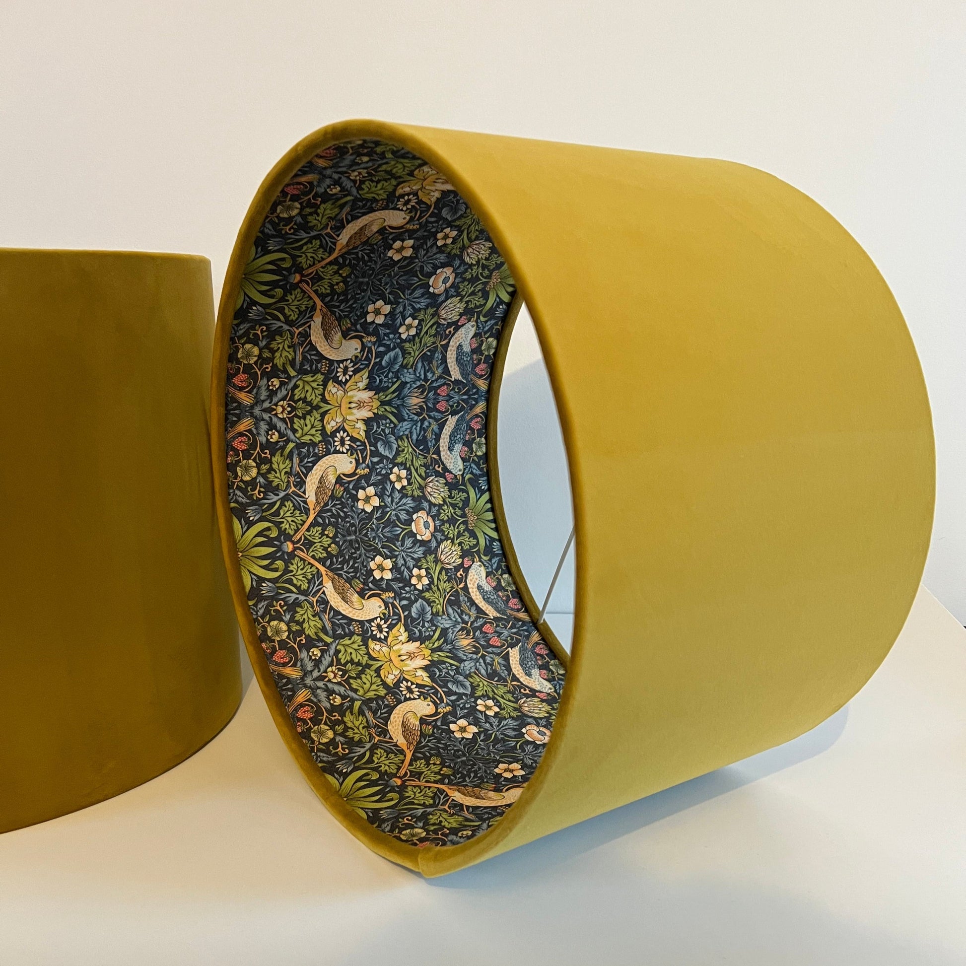 Mustard velvet drum lampshade, double sided lampshade, with strawberry thief navy cotton interior