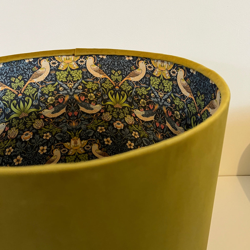 Mustard velvet drum lampshade, double sided lampshade, with strawberry thief navy cotton interior