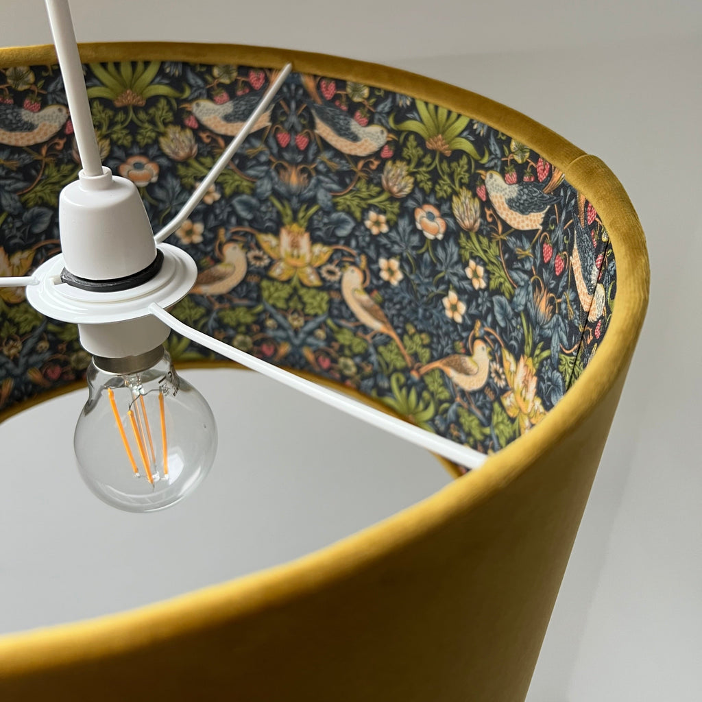 Mustard velvet drum lampshade, double sided lampshade, with strawberry thief navy cotton interior