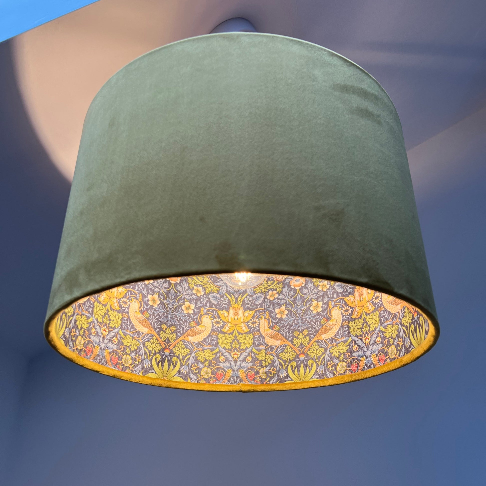 Mustard velvet drum lampshade, double sided lampshade, with strawberry thief navy cotton interior
