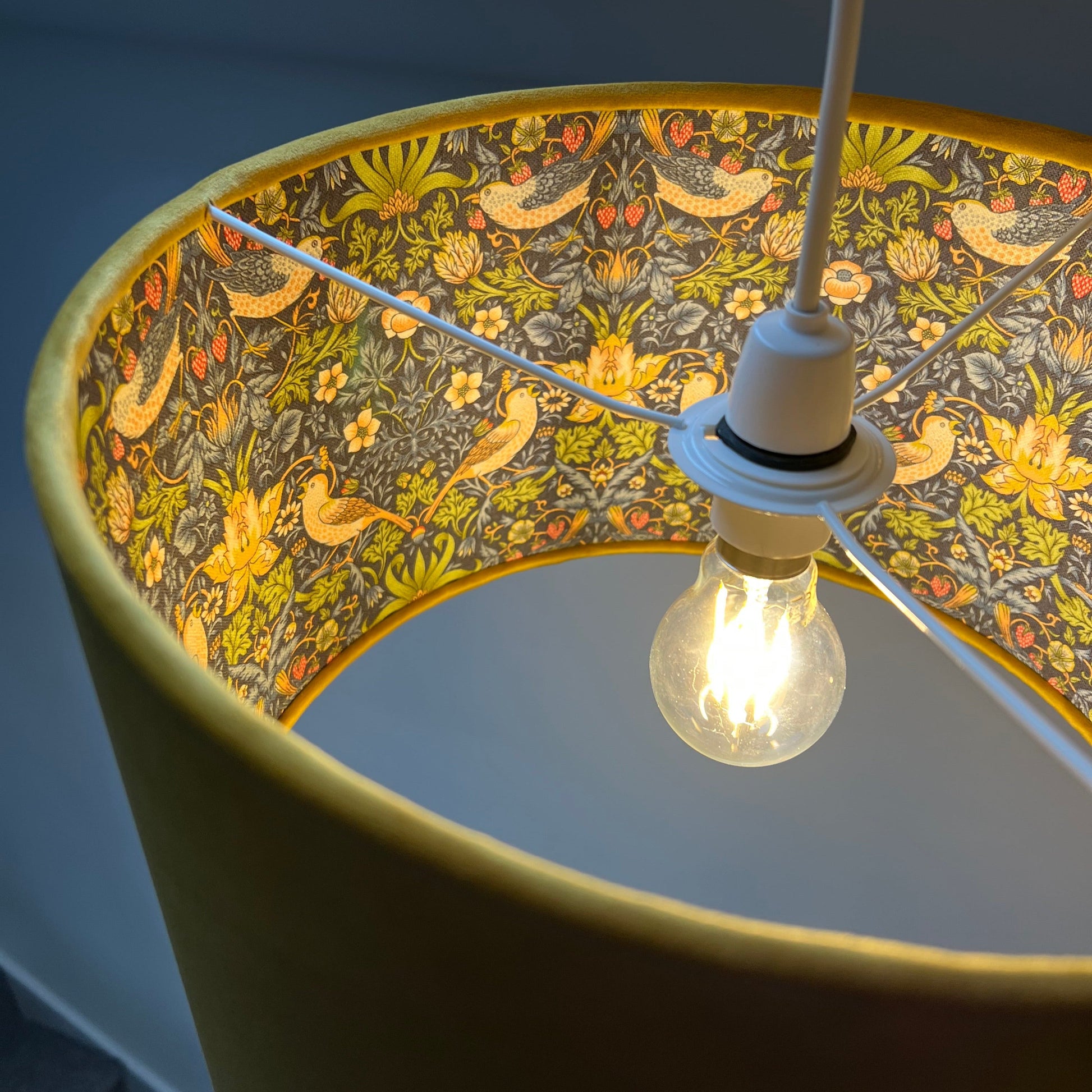 Mustard velvet drum lampshade, double sided lampshade, with strawberry thief navy cotton interior
