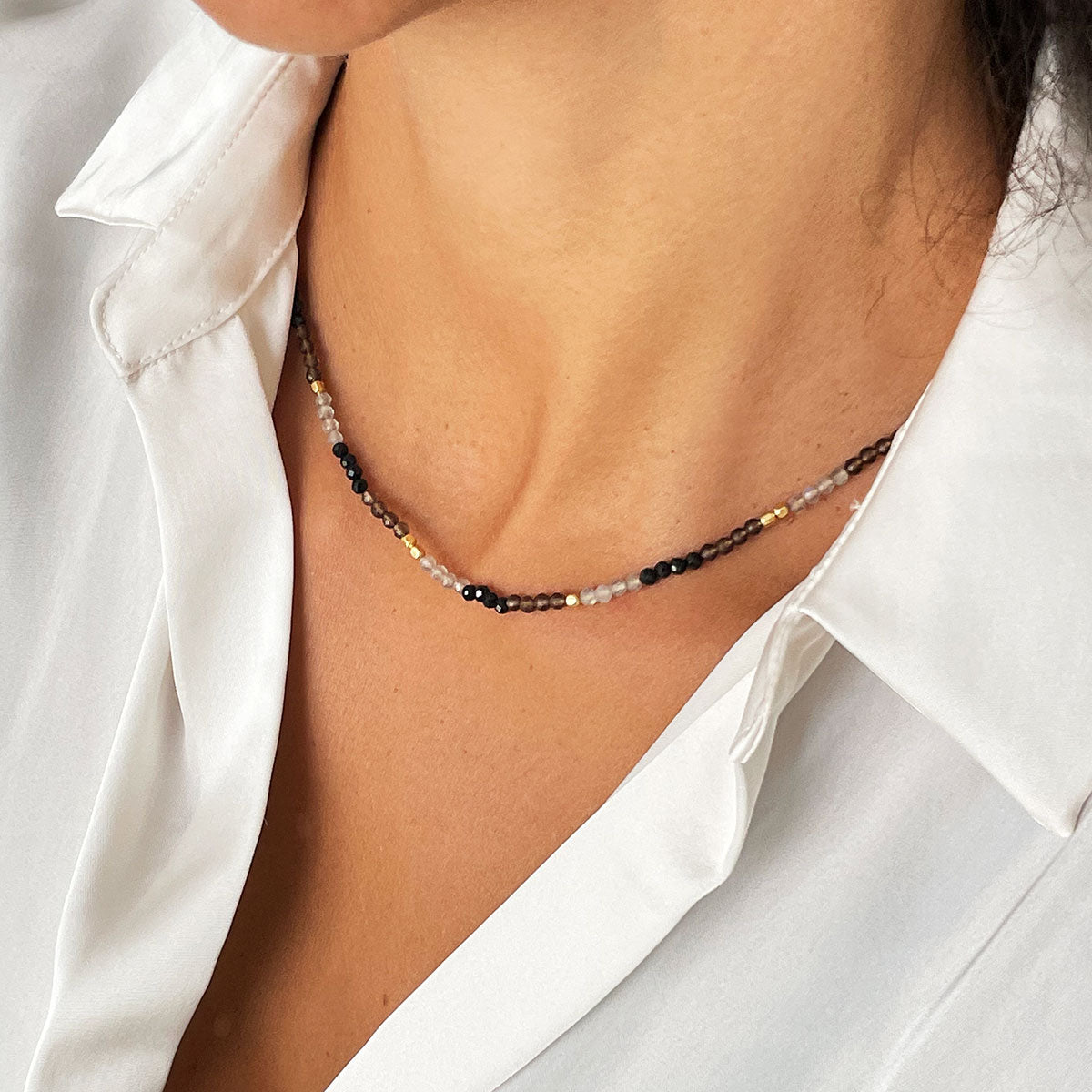 Mixed Gemstone Beaded Necklace with Black Onyx, Smoky Quartz and Labradorite