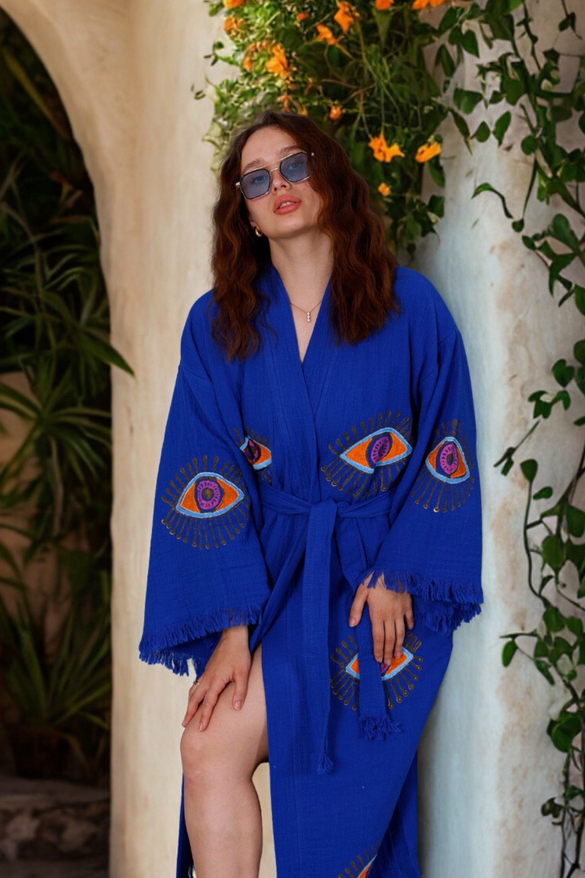 Sapphire Blue Organic Cotton Kimono Robe