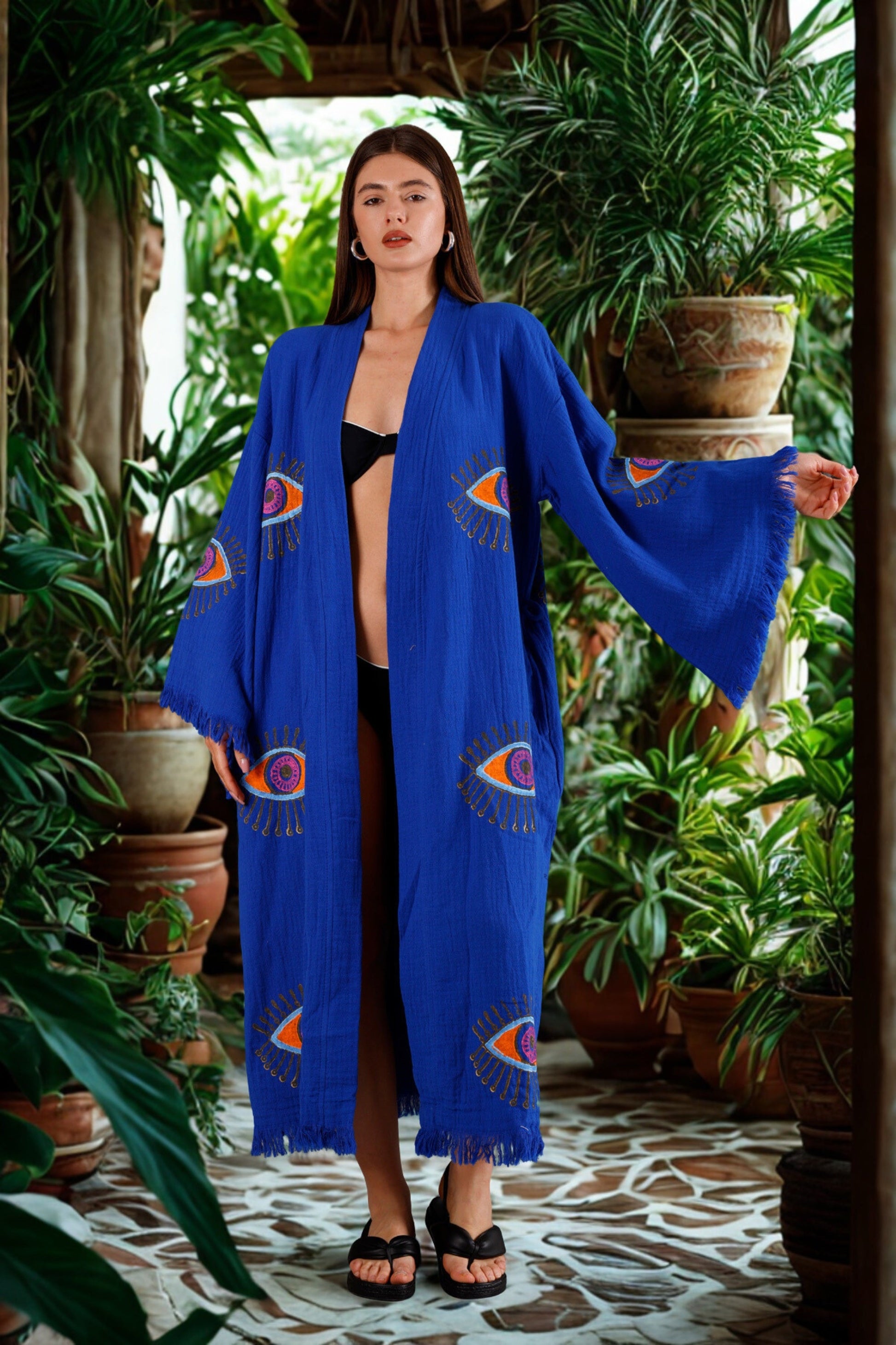 Sapphire Blue Organic Cotton Kimono Robe