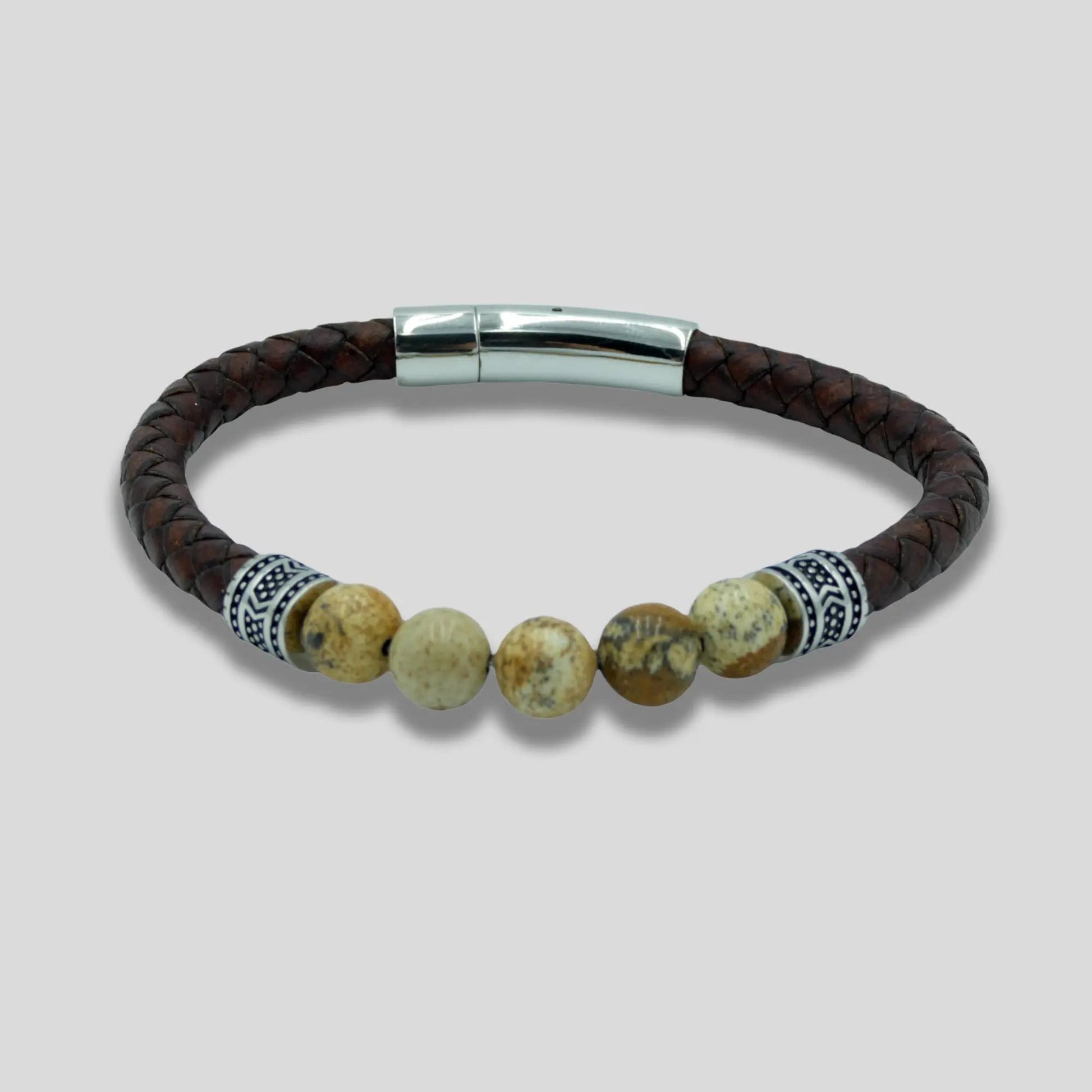 Natural Wood Stone Beaded Leather Bracelet