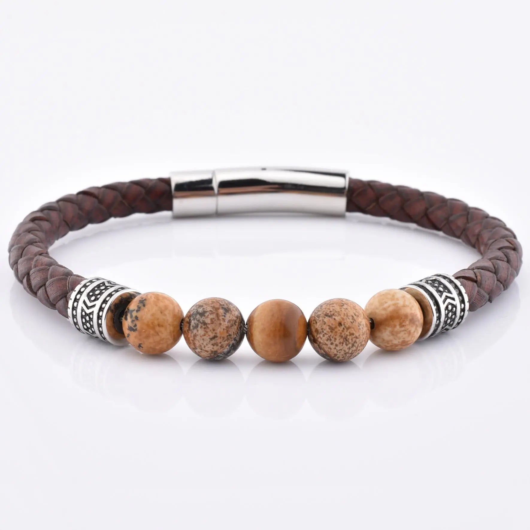 Natural Wood Stone Beaded Leather Bracelet