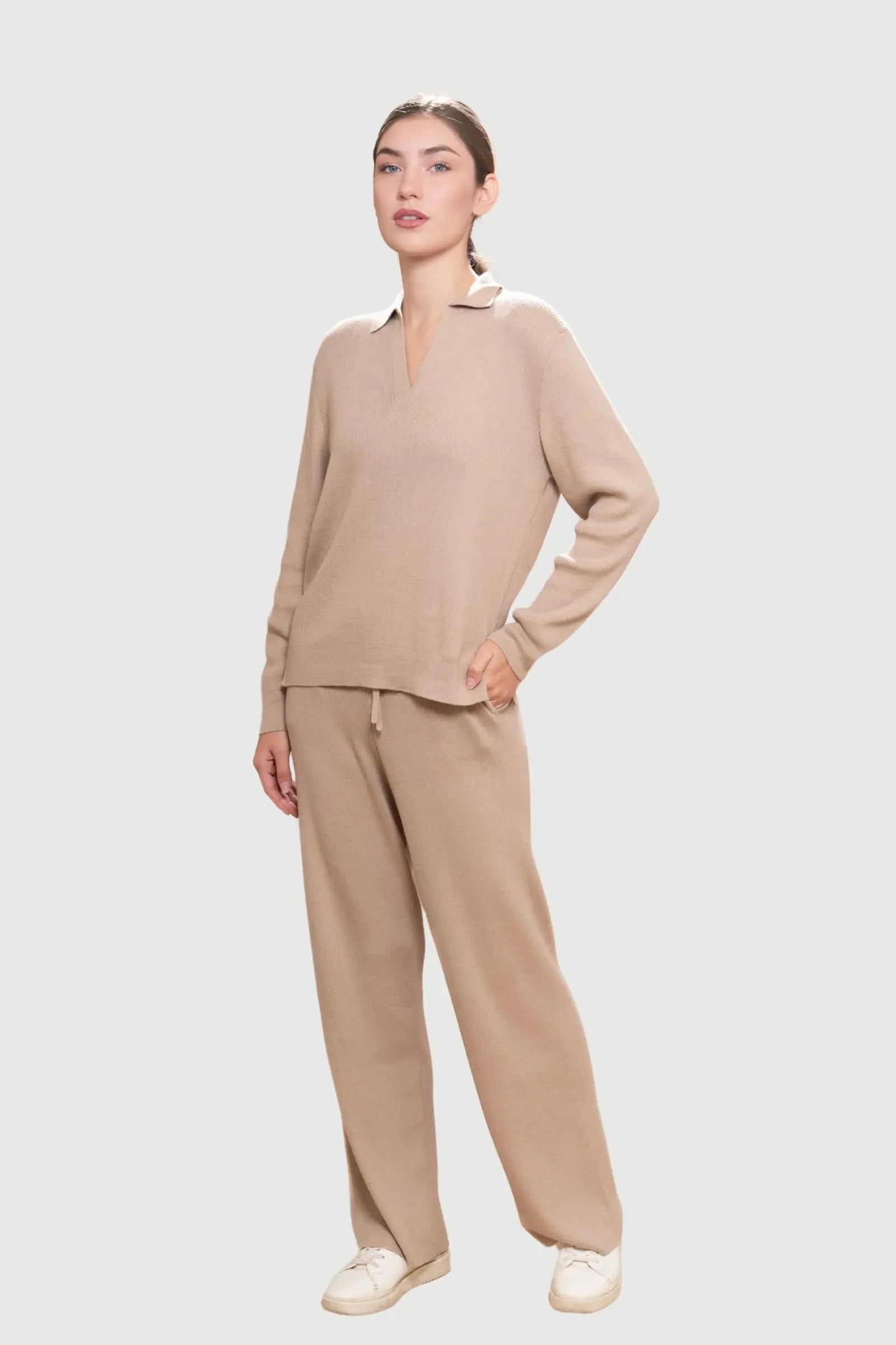 Ribbed Lounge Trousers in Pima Cotton and Baby Alpaca