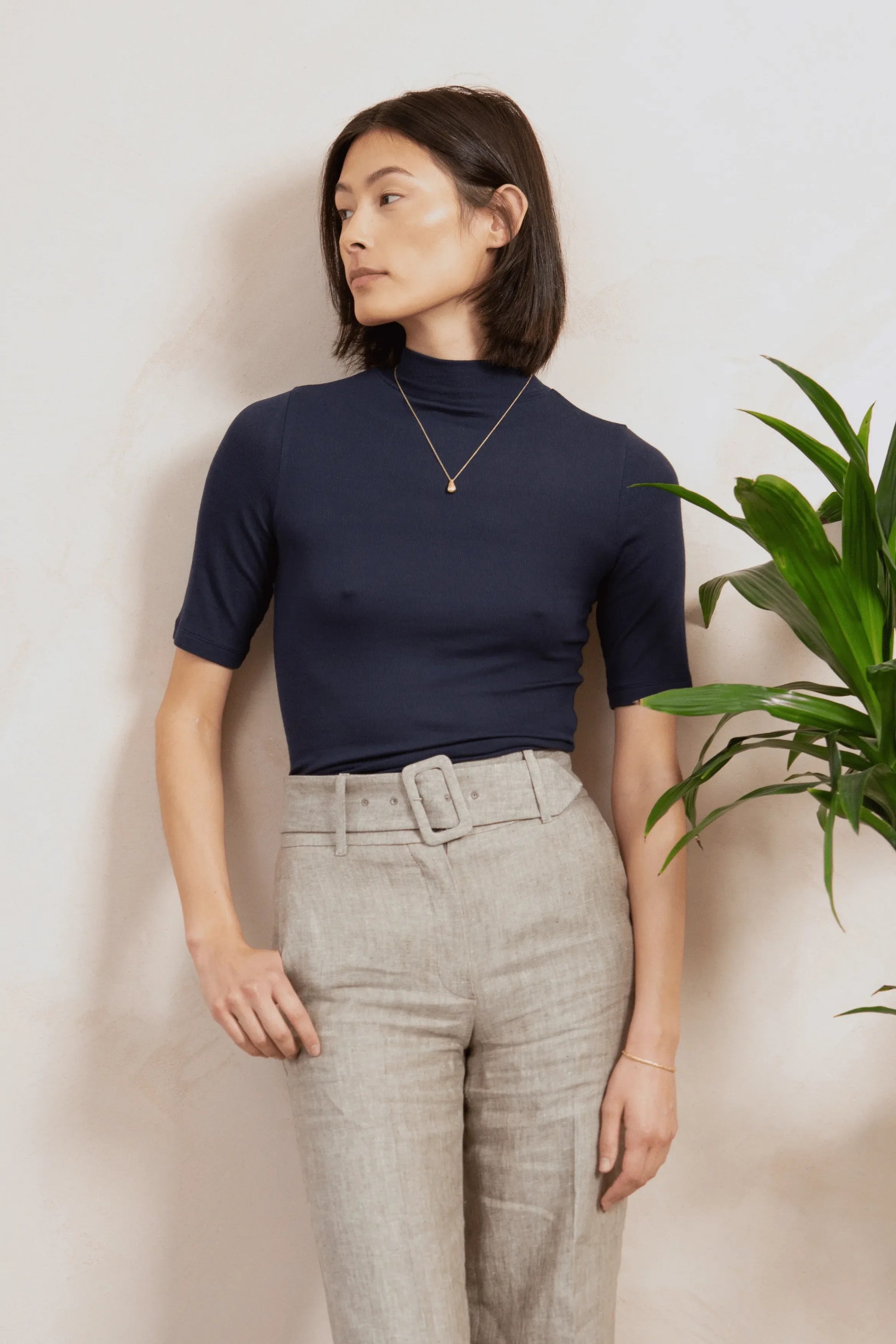 Mock Neck Micro Modal Top with Ribbed Half Sleeve