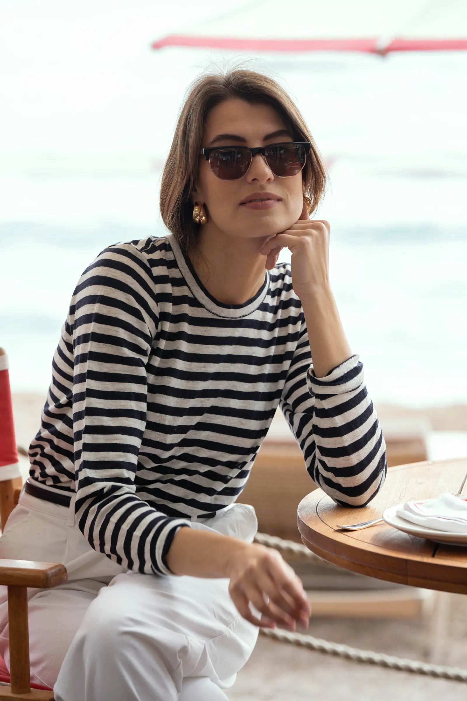 Women's Long Sleeve Striped Linen T-Shirt
