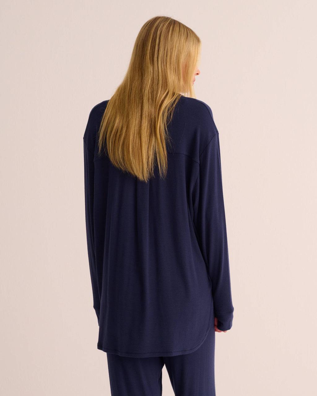 Navy Oversized Retro Ribbed Soft Modal Shirt and Wide Leg Jogger Set