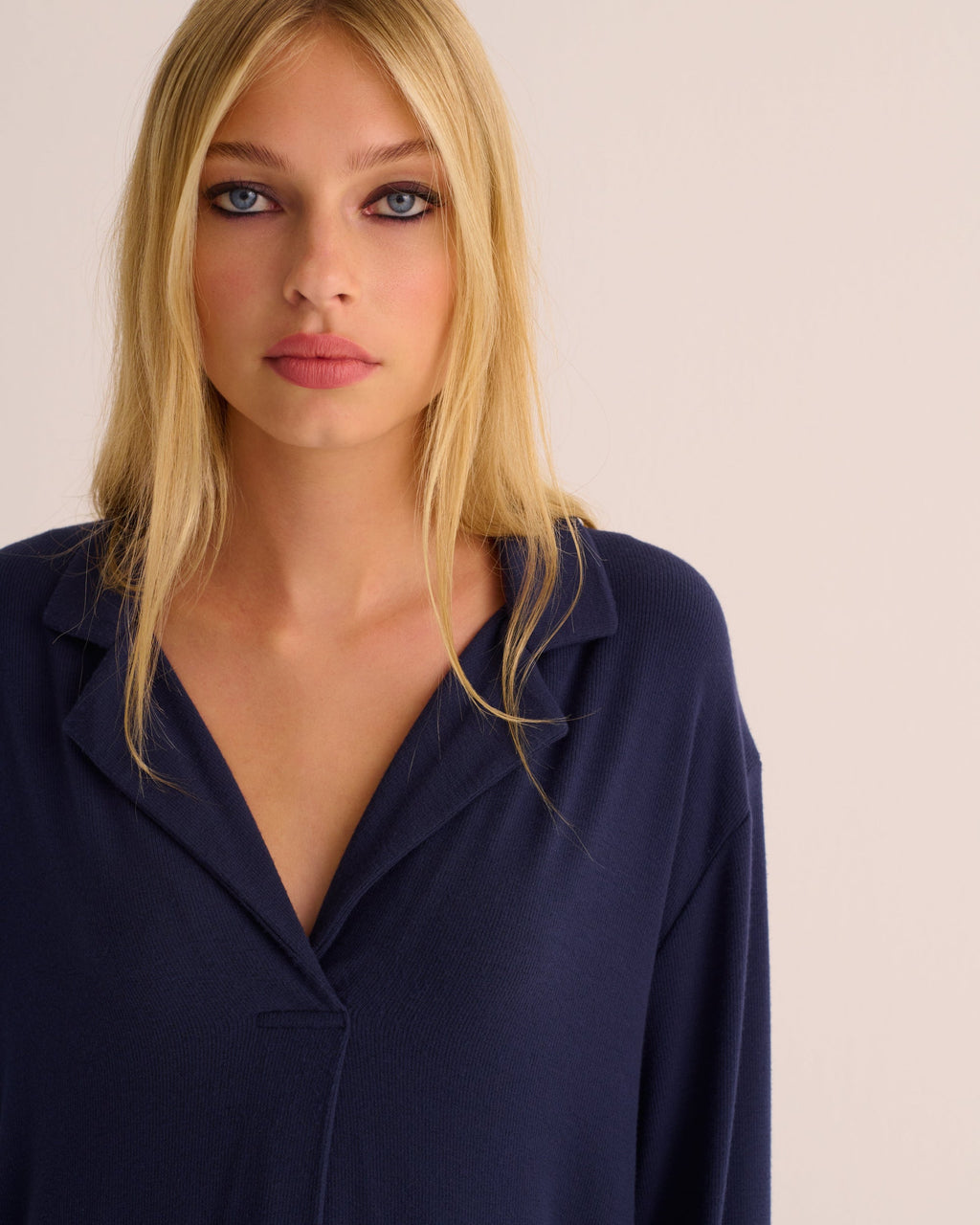 Navy Oversized Retro Ribbed Soft Modal Shirt and Wide Leg Jogger Set